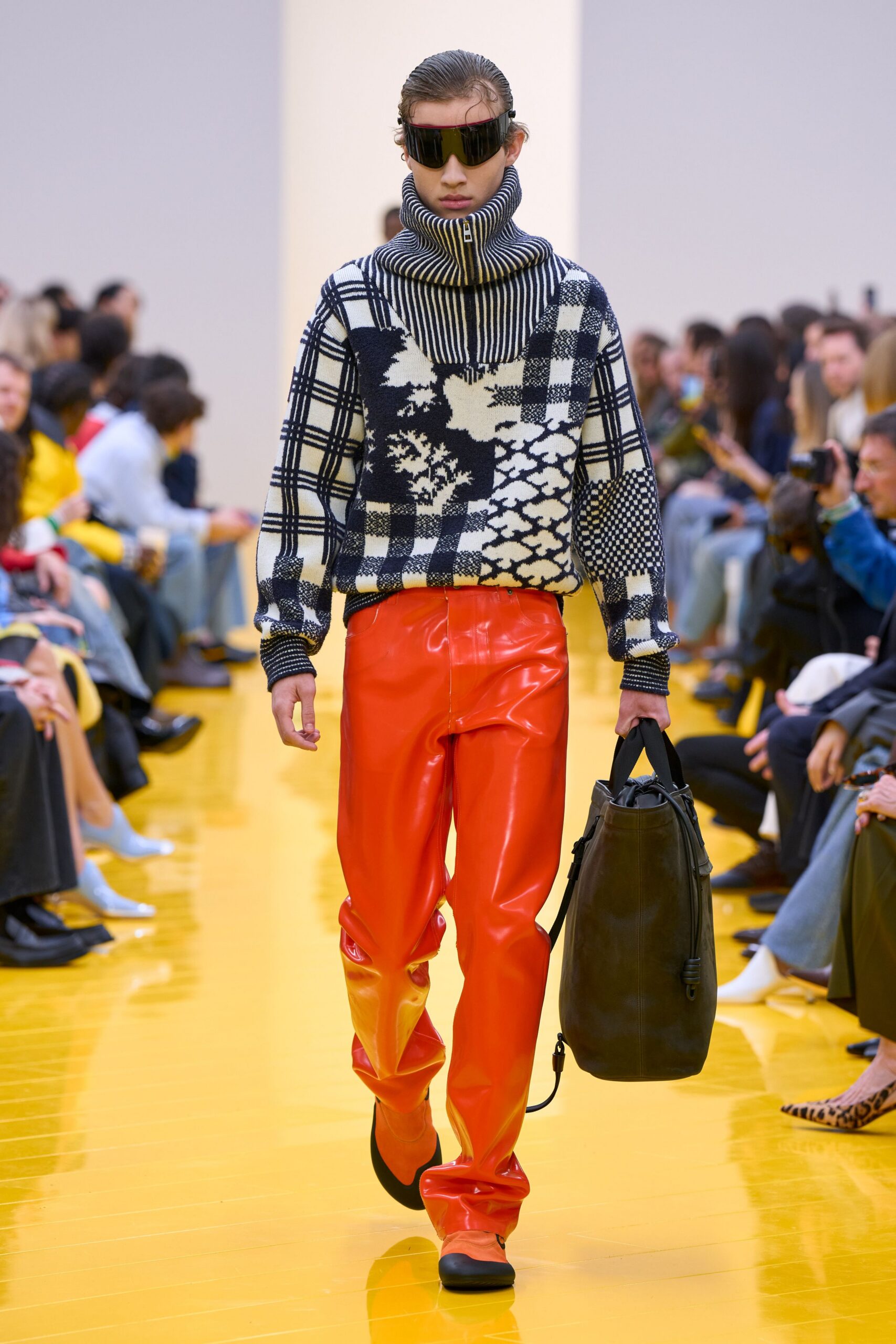 red vinyl fitted straight-leg pants