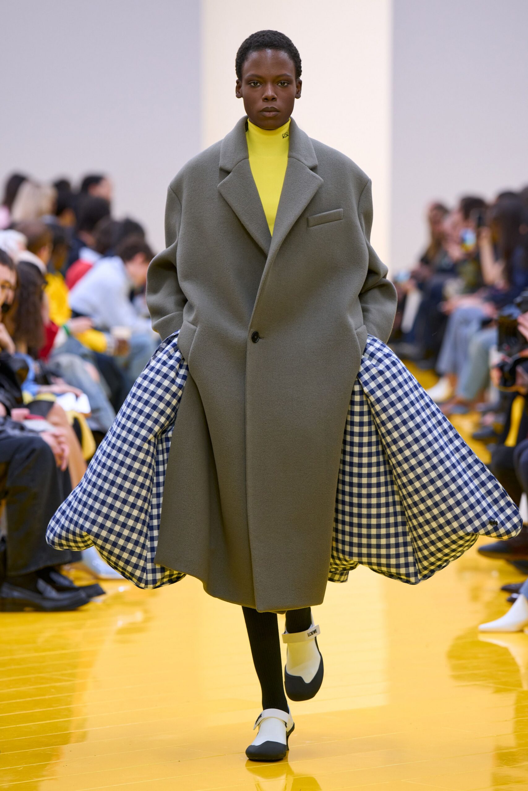 gray oversized coat with yellow top