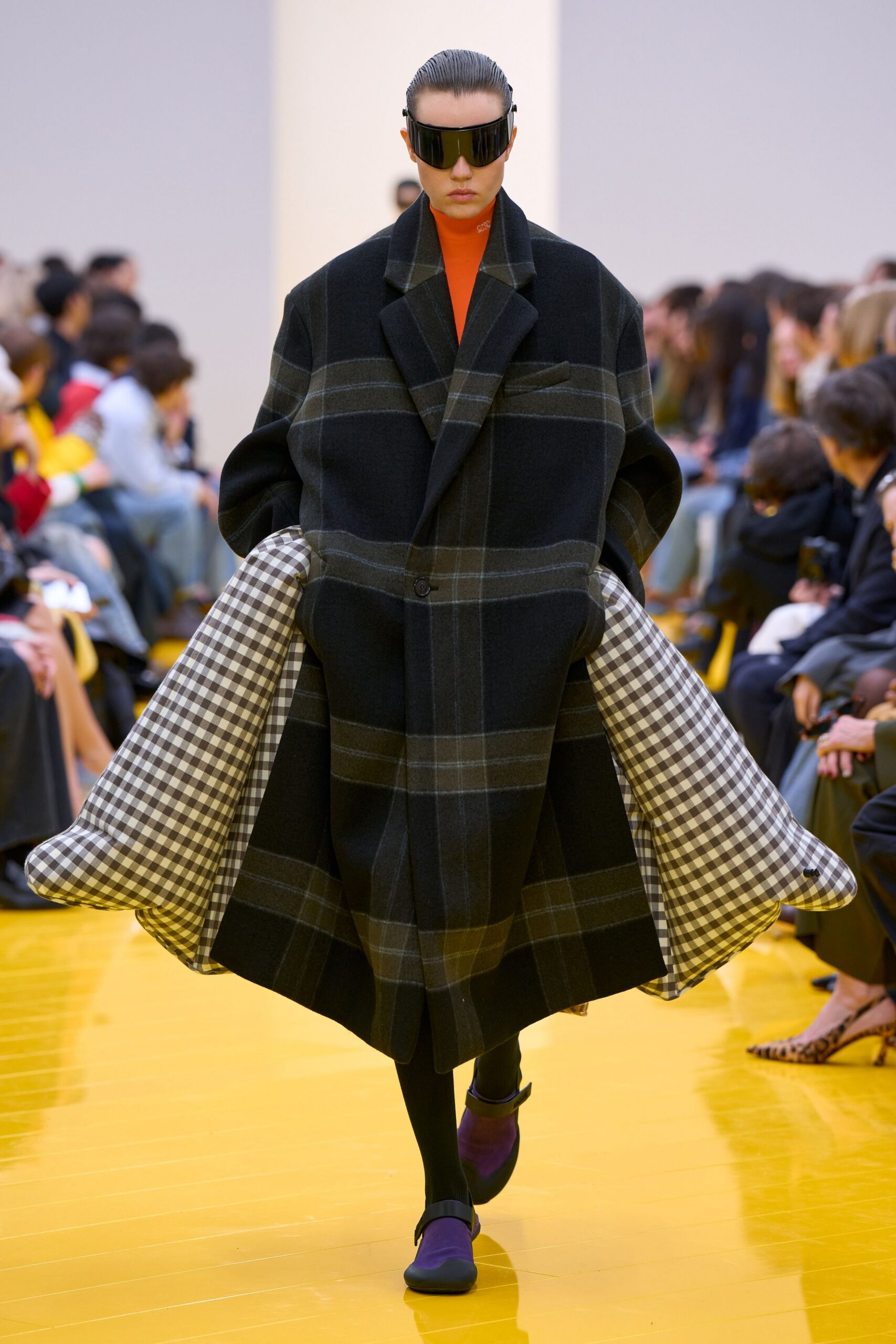 black wool relaxed coat with orange top