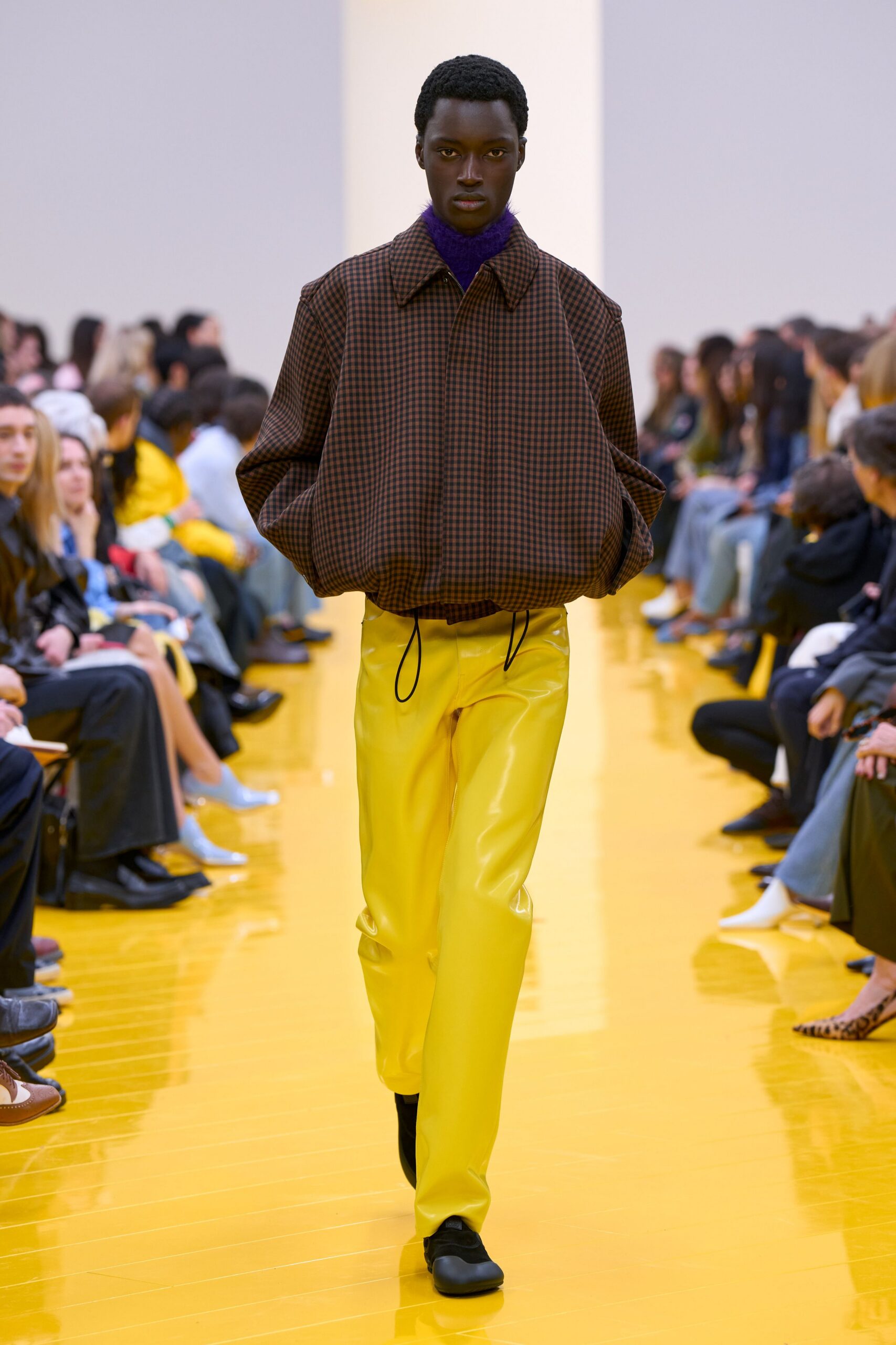 oversized brown checked jacket with yellow pants