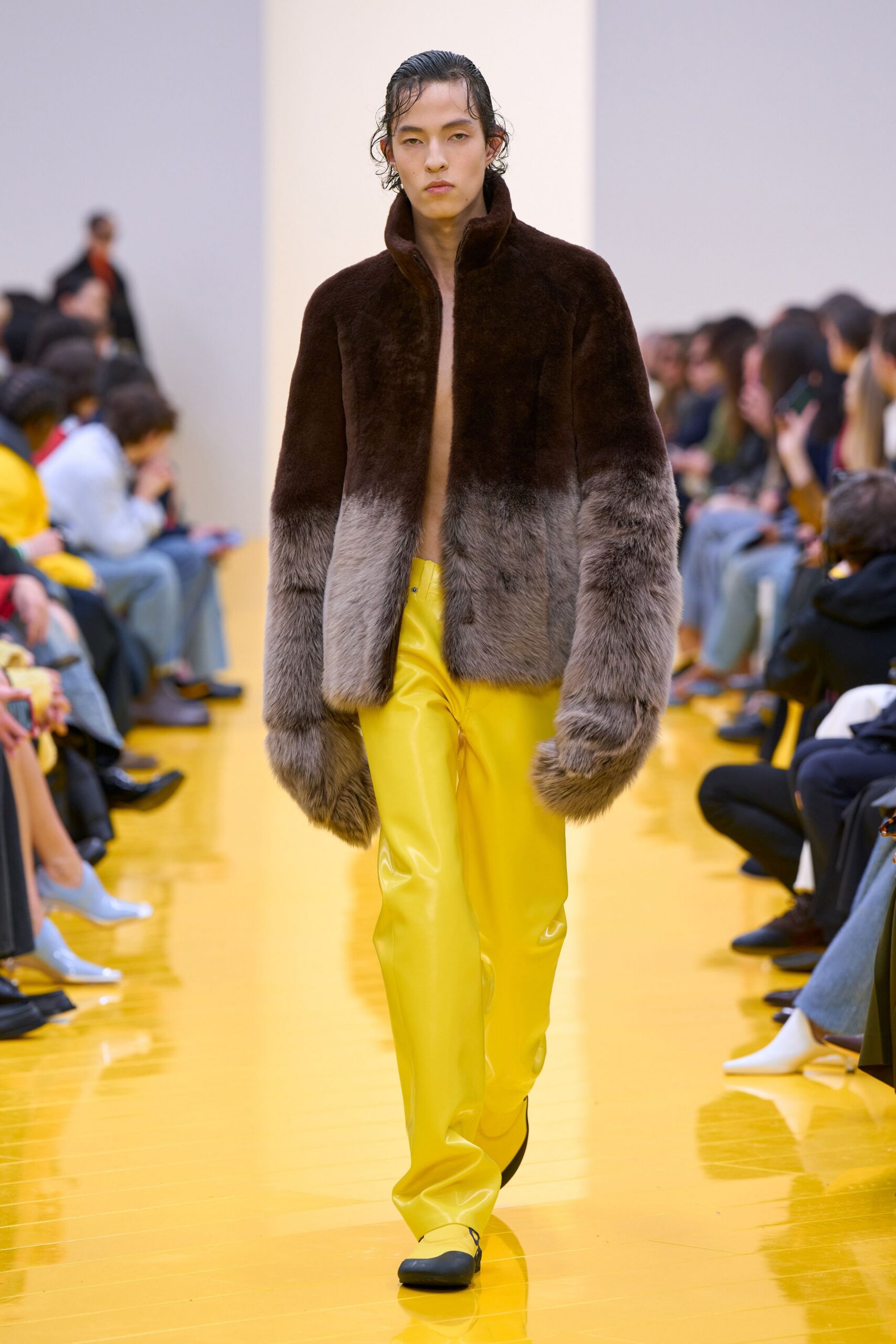 brown fur jacket yellow vinyl pants
