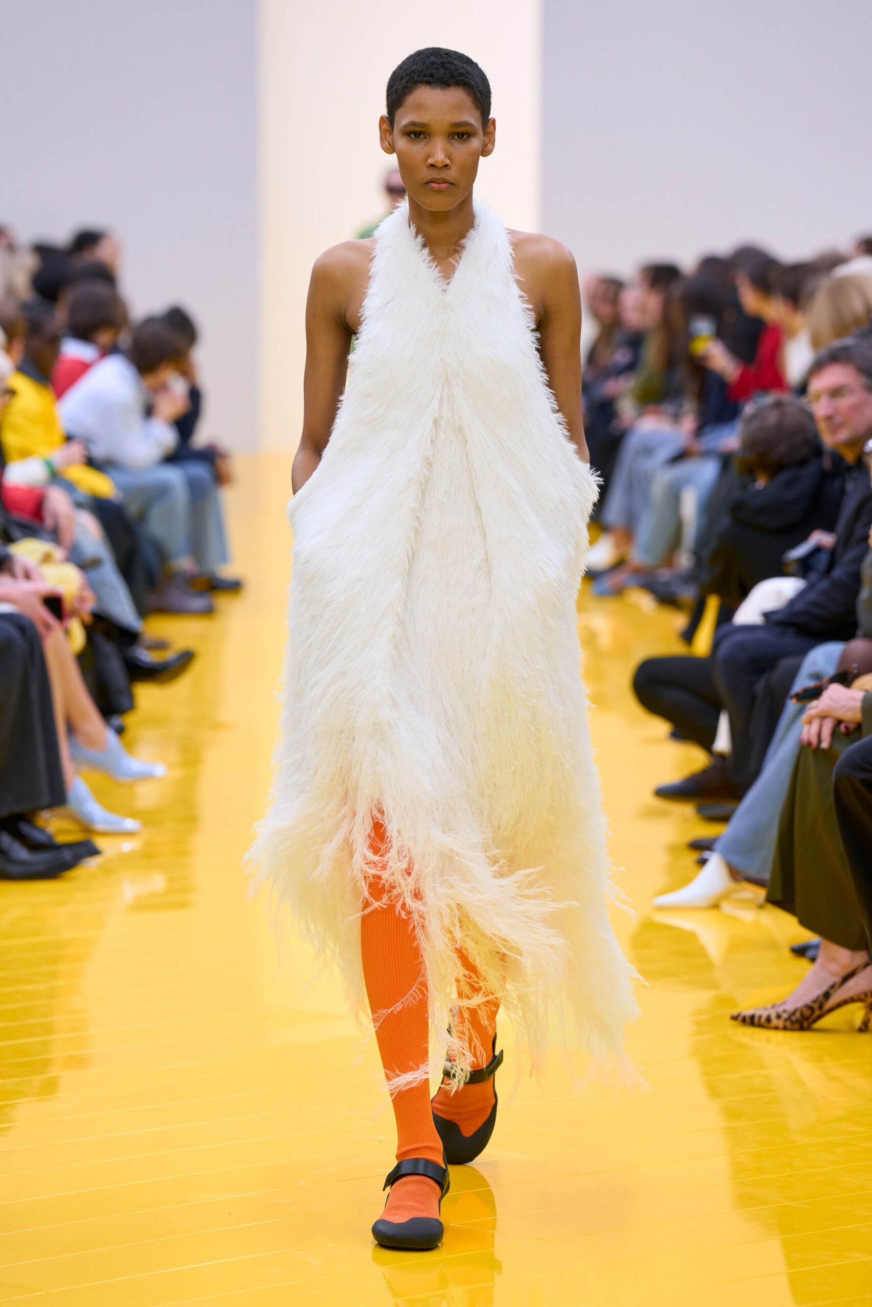 white fringed midi dress with orange pants