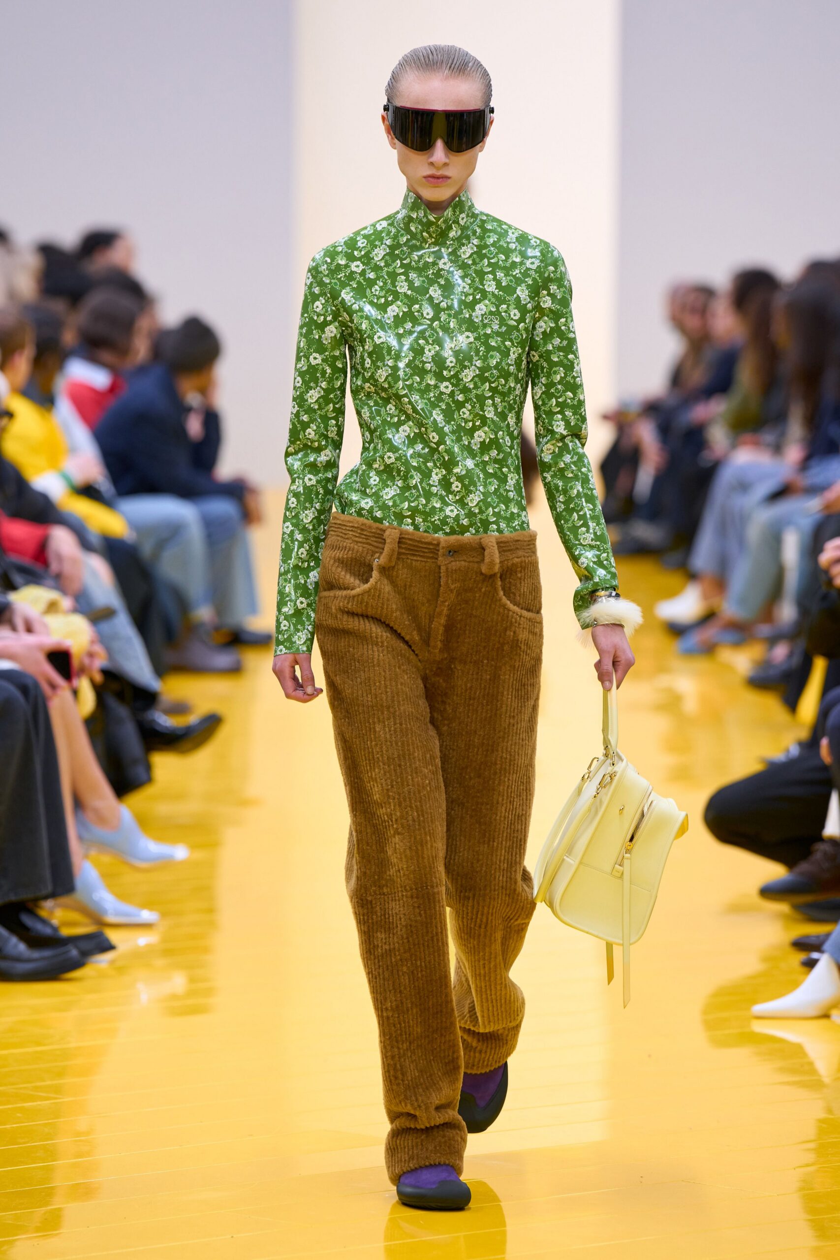 green floral shirt brown pants