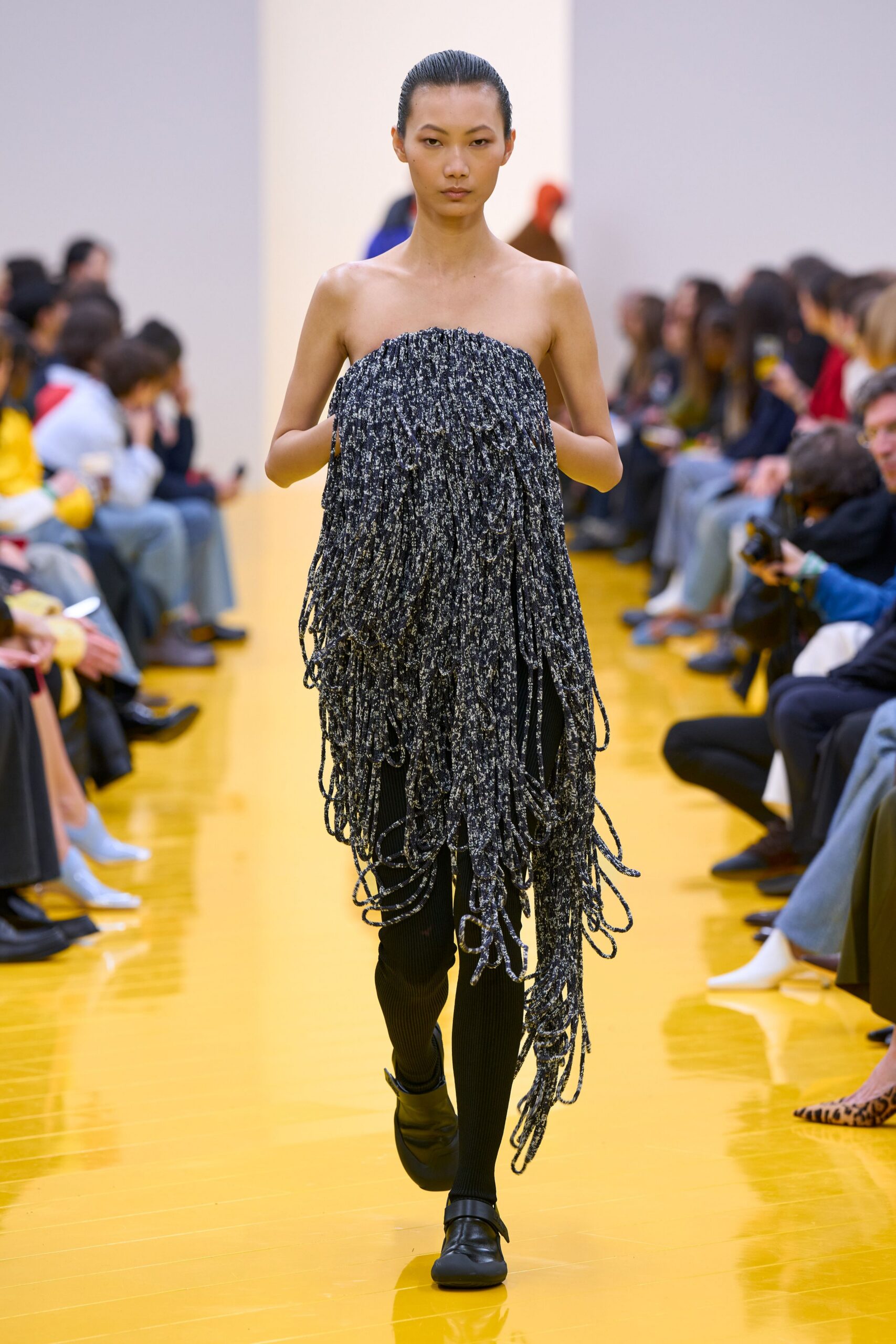 black strapless fringed dress with pants