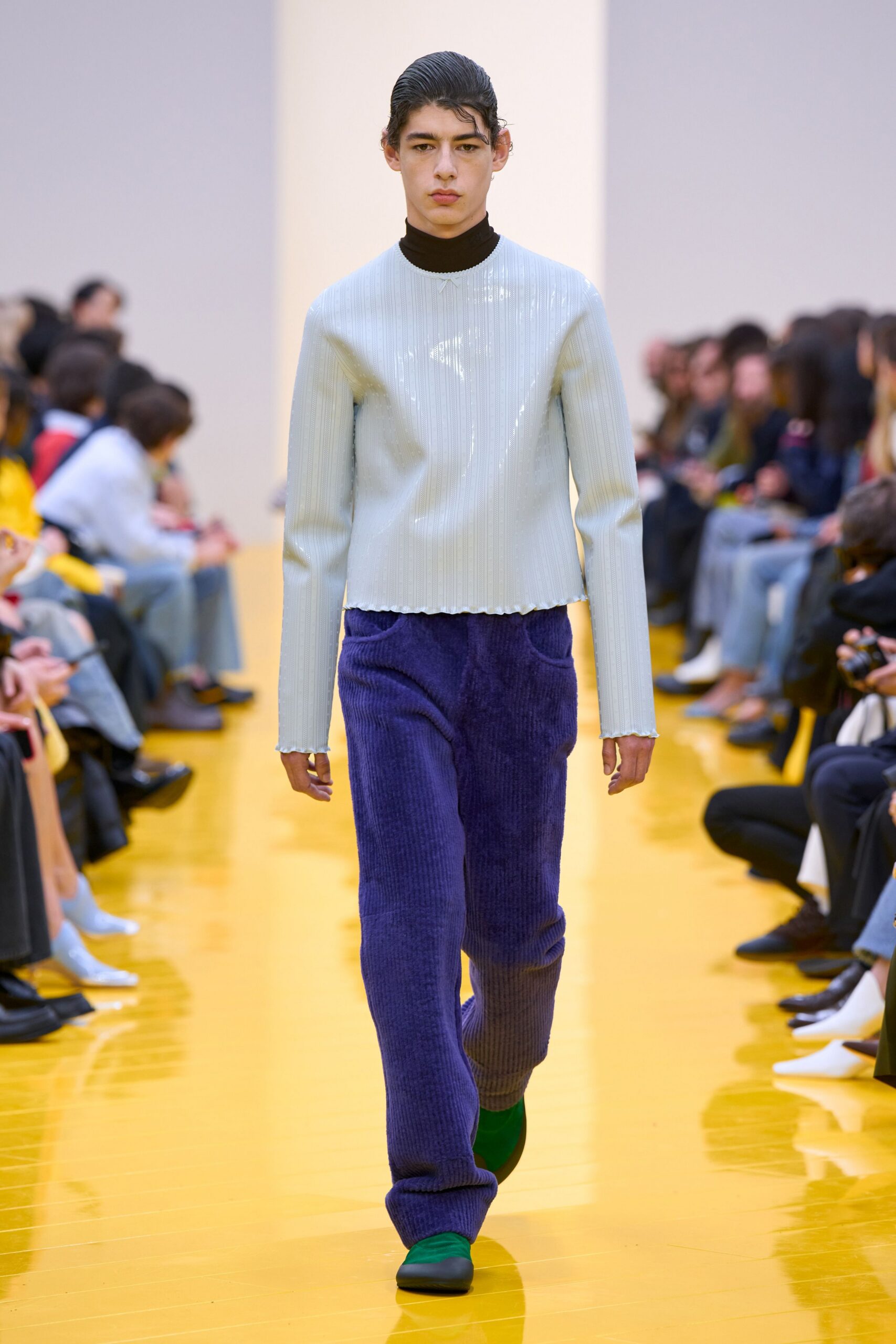 silver fitted top purple pants