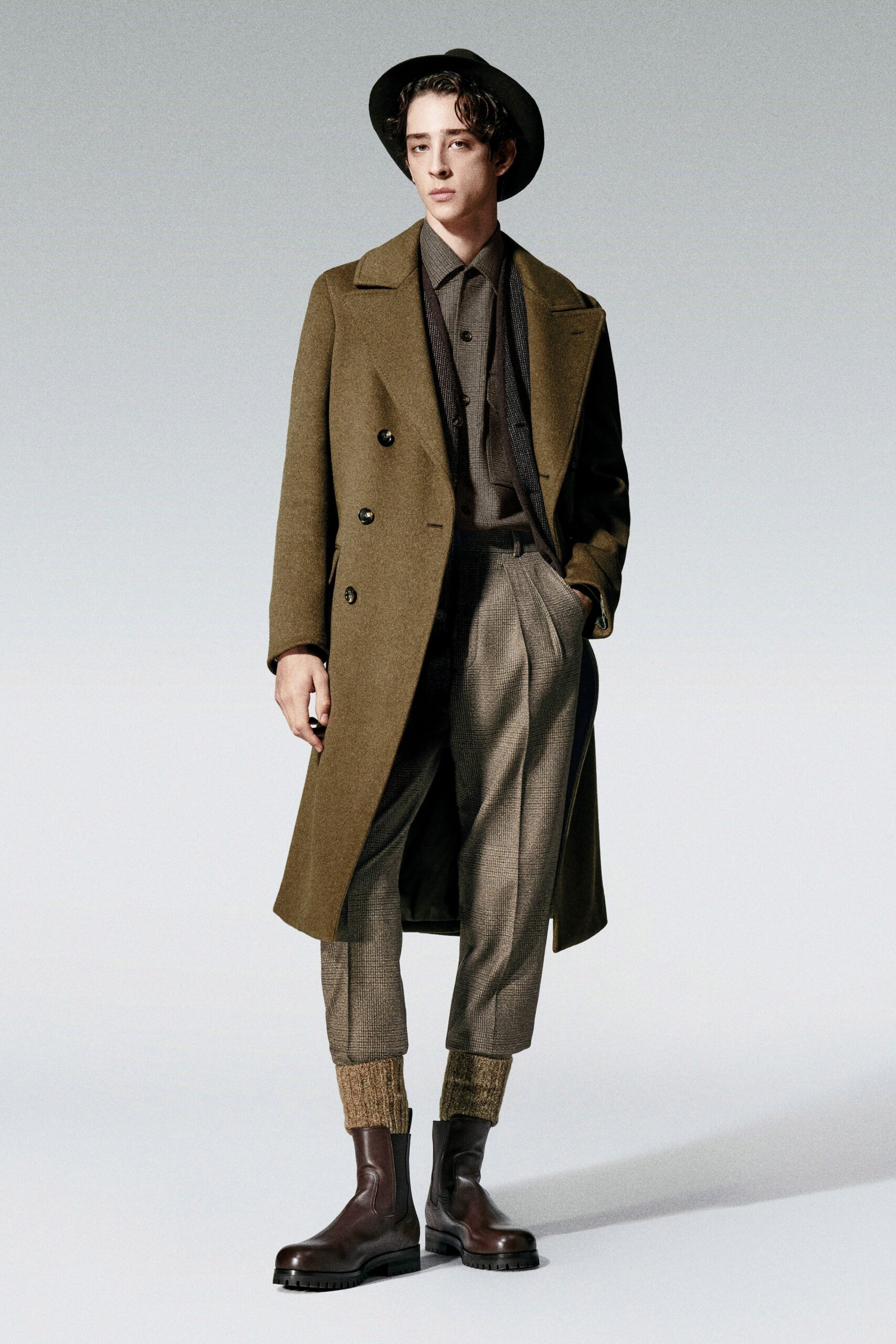 brown wool long-sleeve collared structured coat
