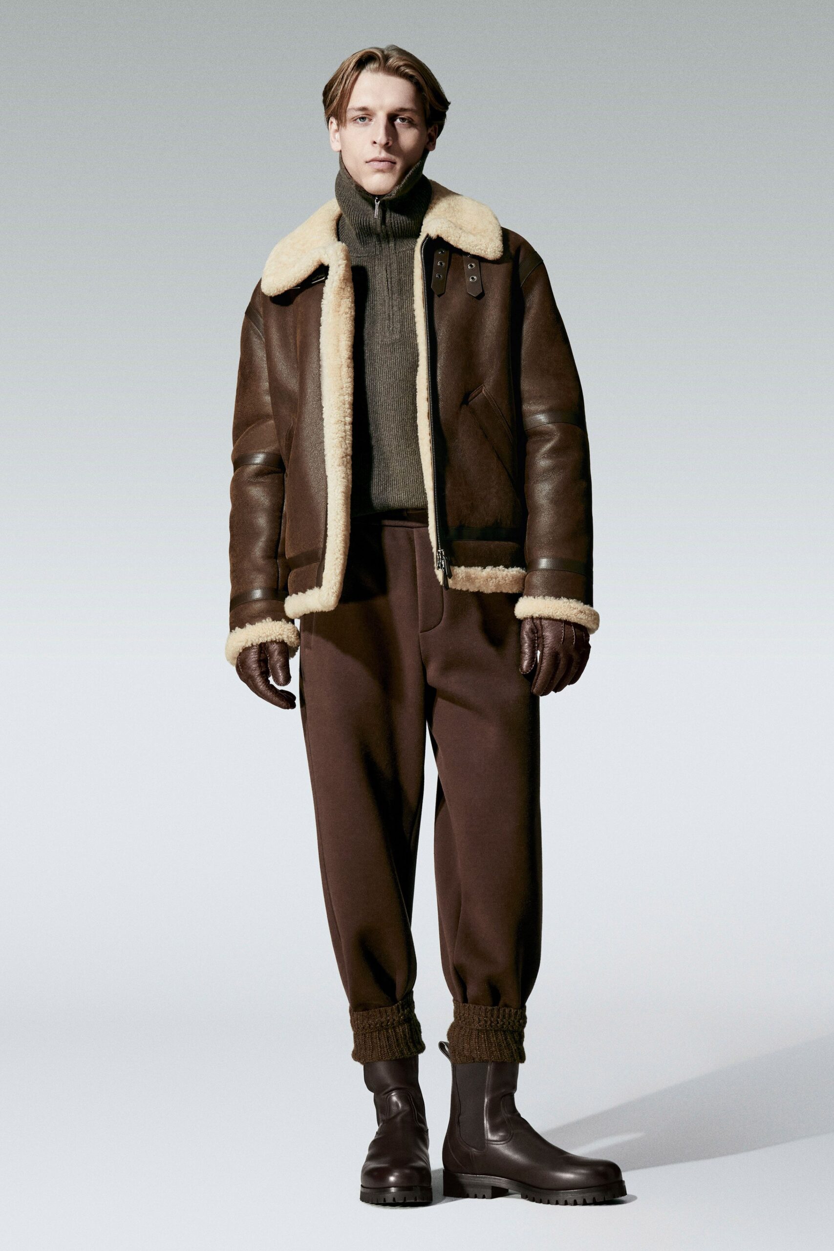 brown leather long-sleeve collared fitted zippered jacket