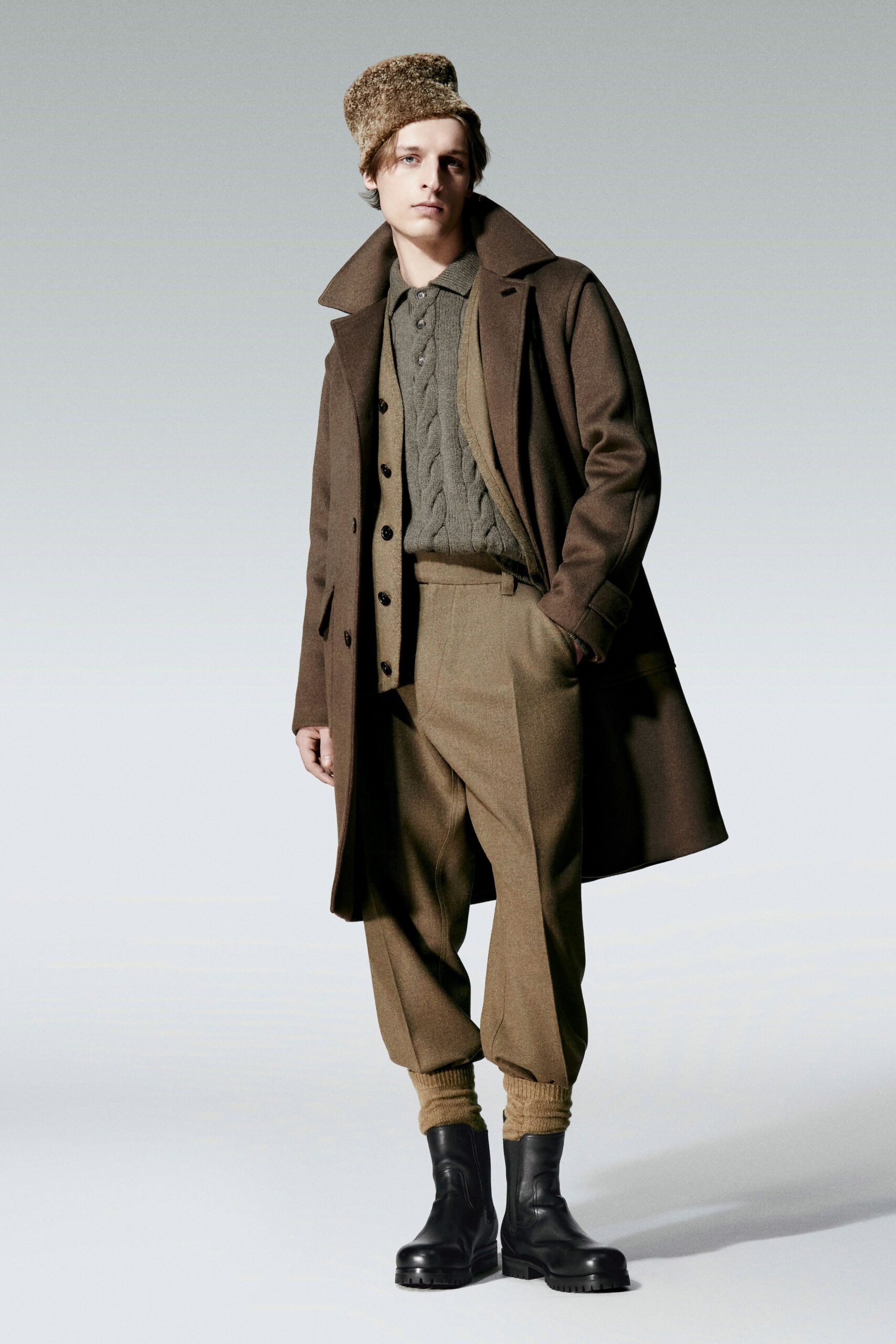 brown wool relaxed pleated pants