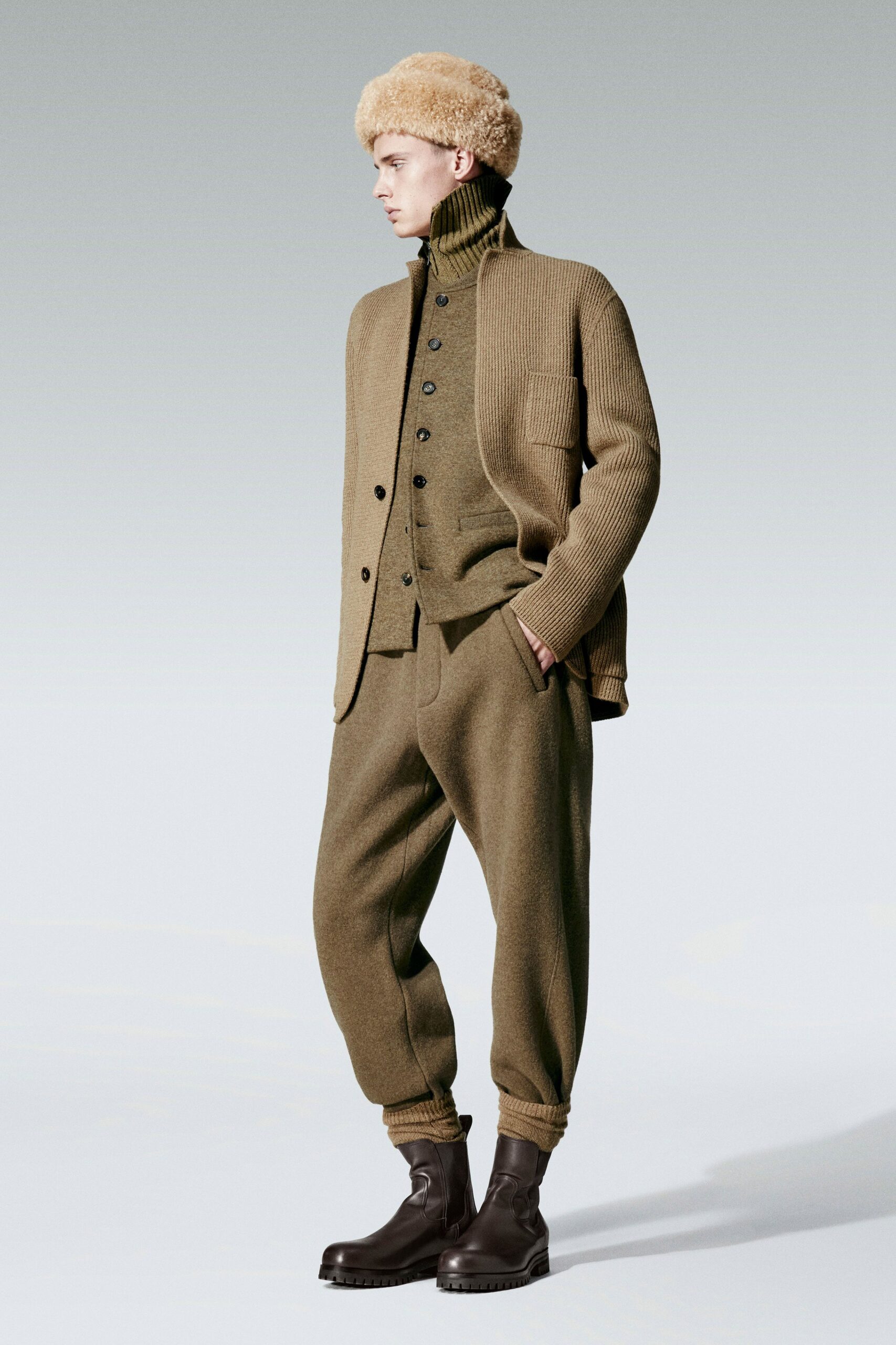 brown wool relaxed pleated pants