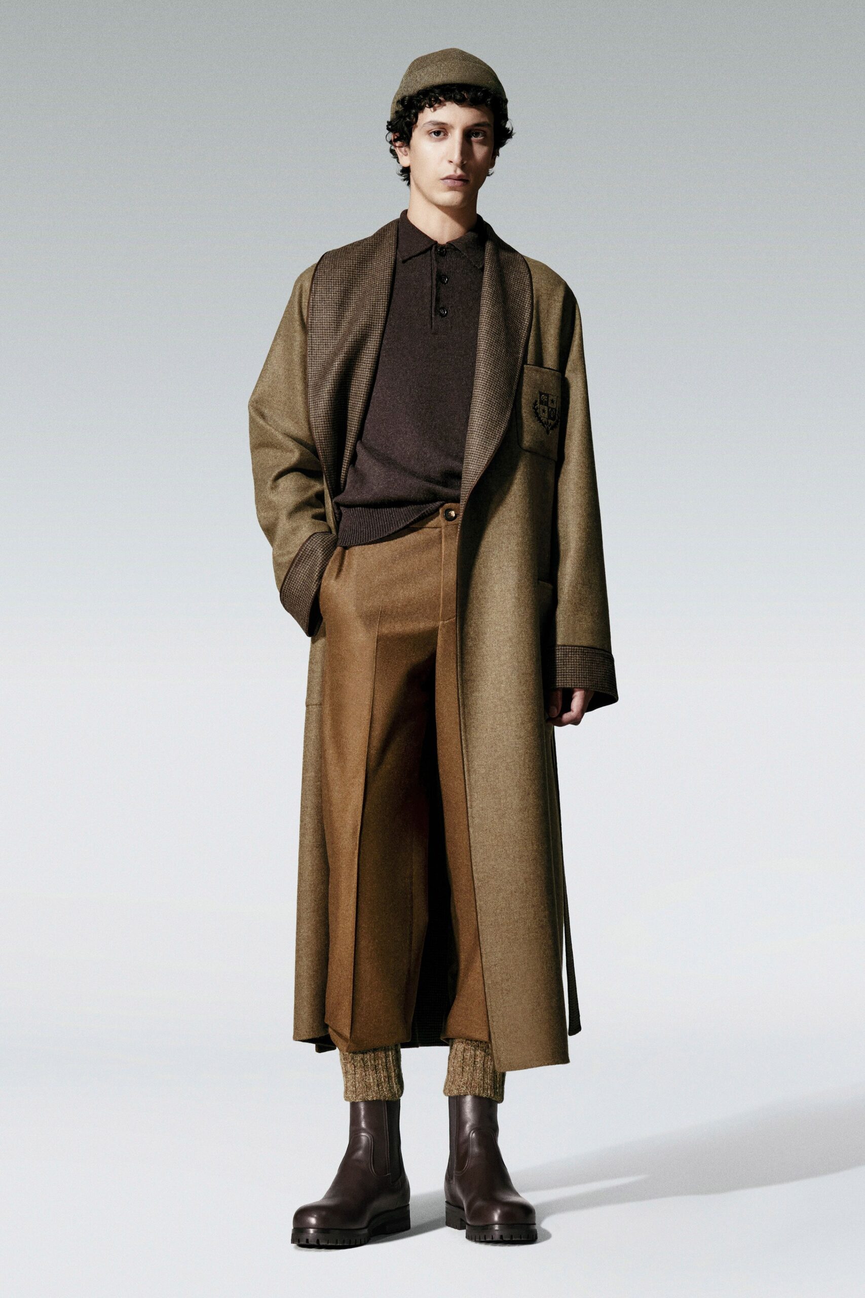 brown wool long-sleeve collared relaxed layered maxi coat