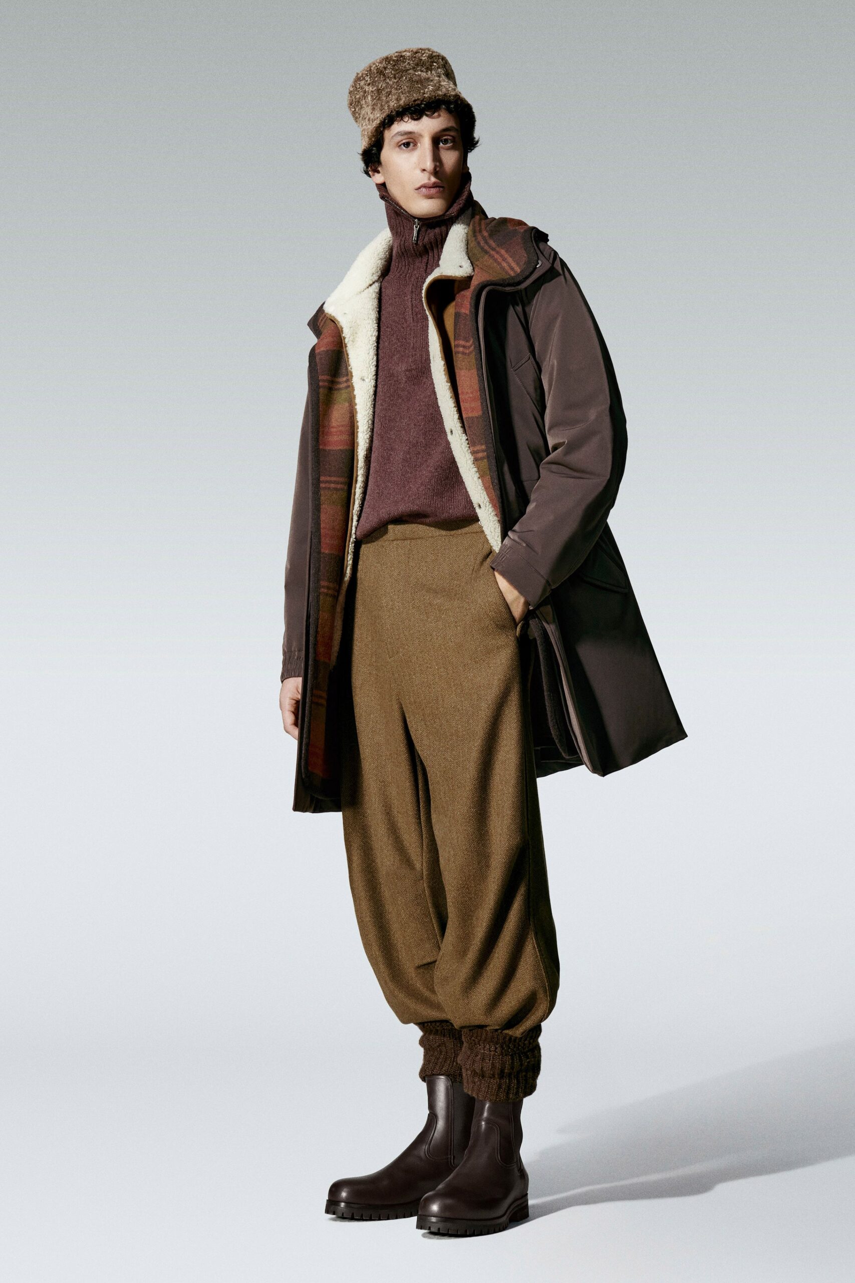 brown cotton long-sleeve collared relaxed zippered coat