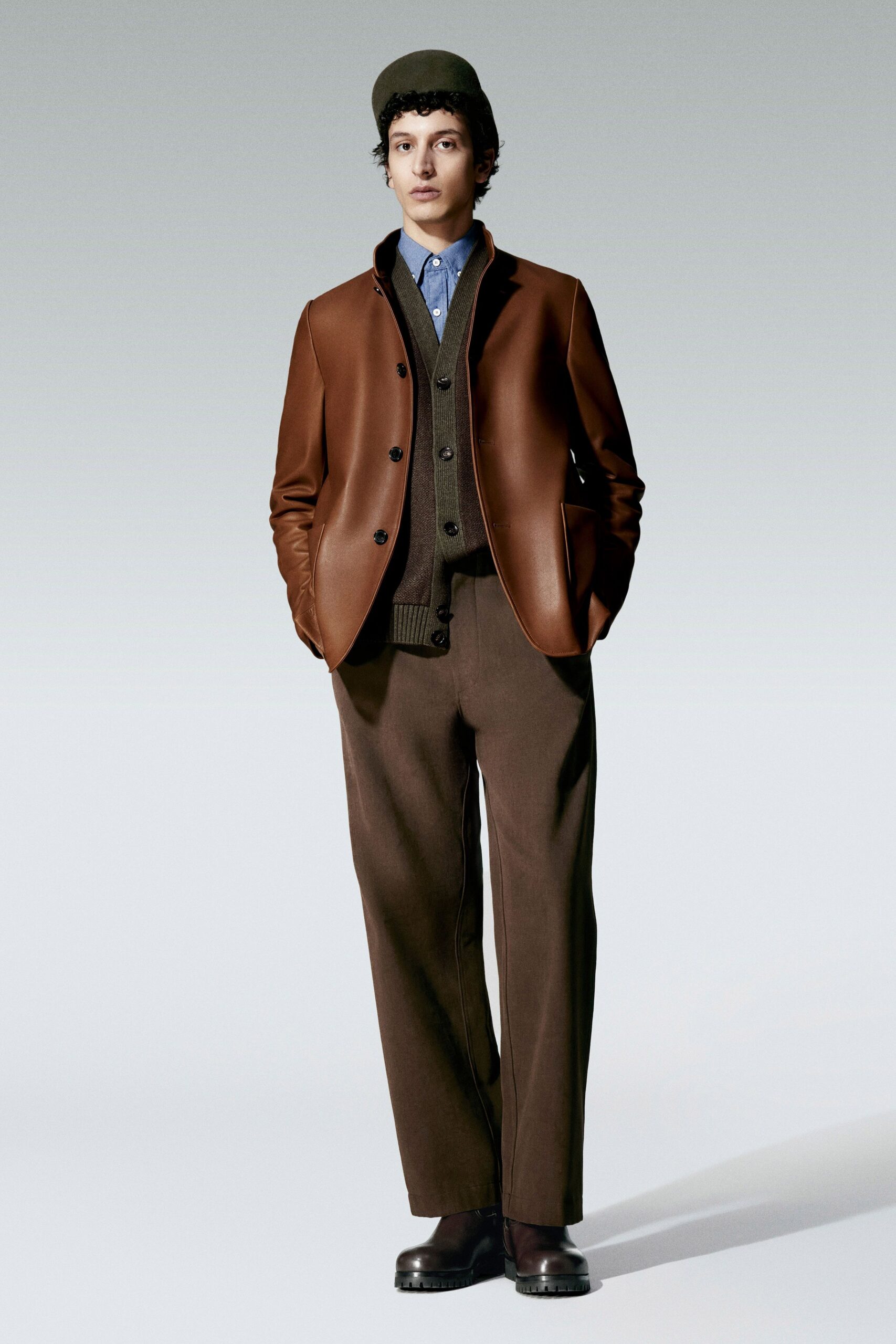 brown leather long-sleeve collared structured jacket