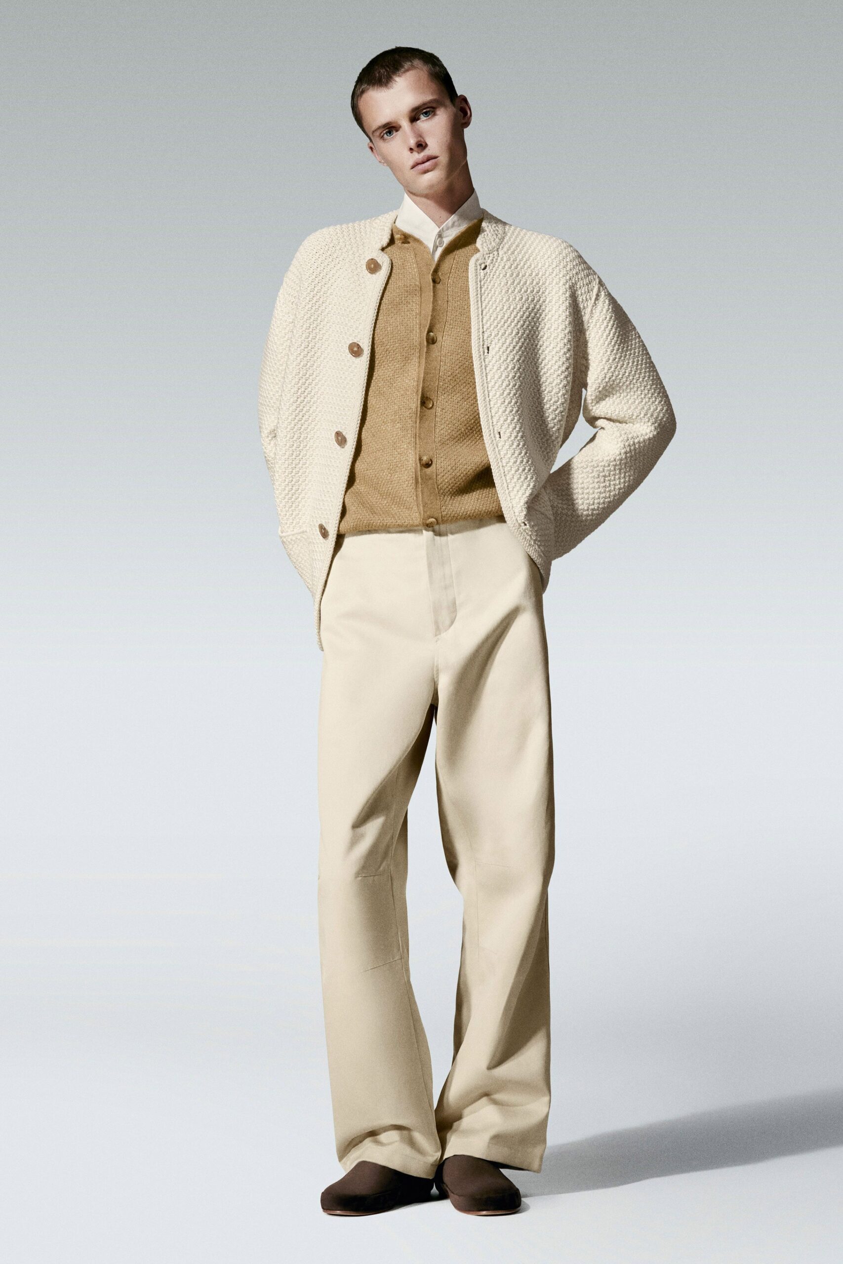 white cotton long-sleeve collared relaxed buttoned cardigan