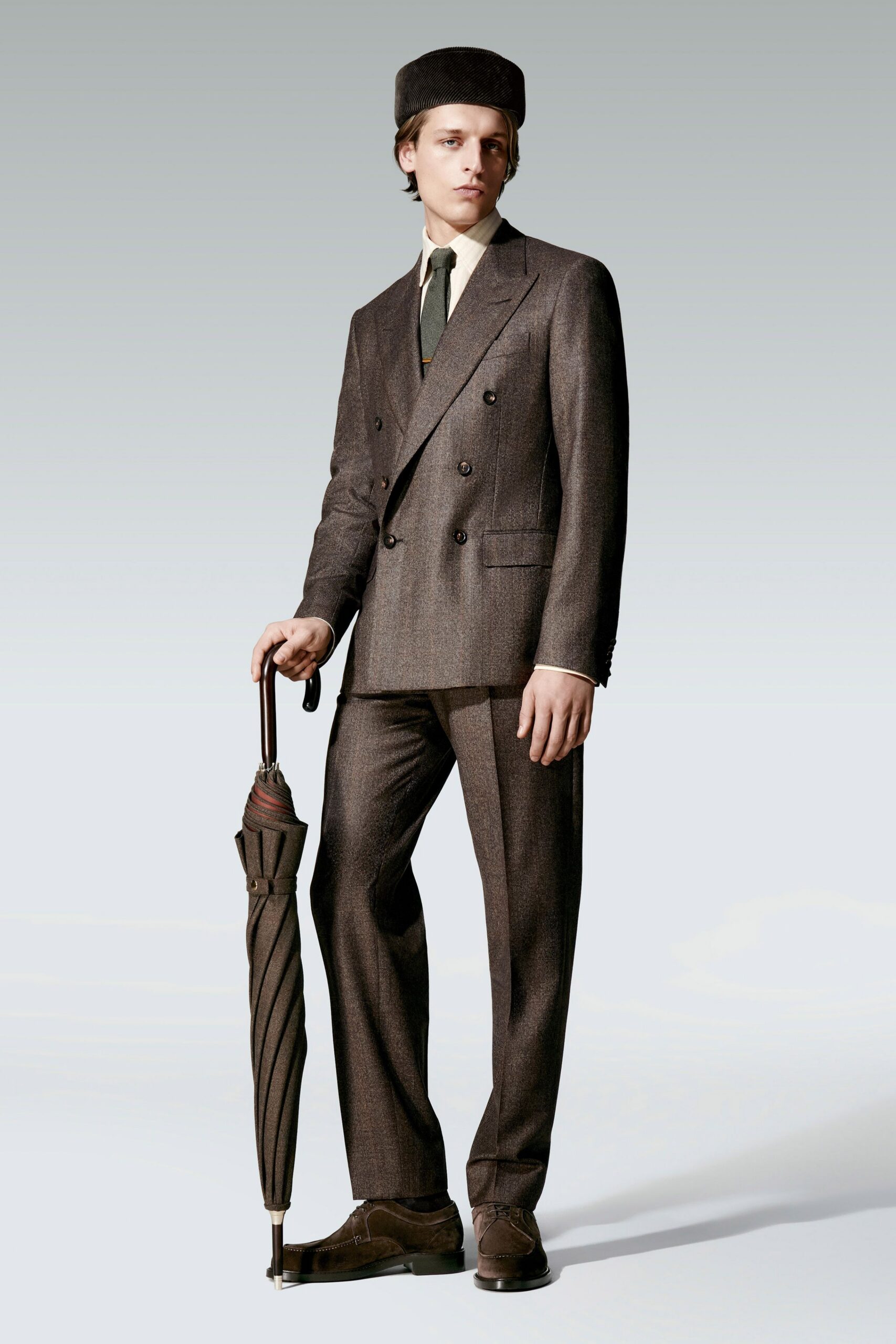 brown wool long-sleeve collared tailored buttoned suit
