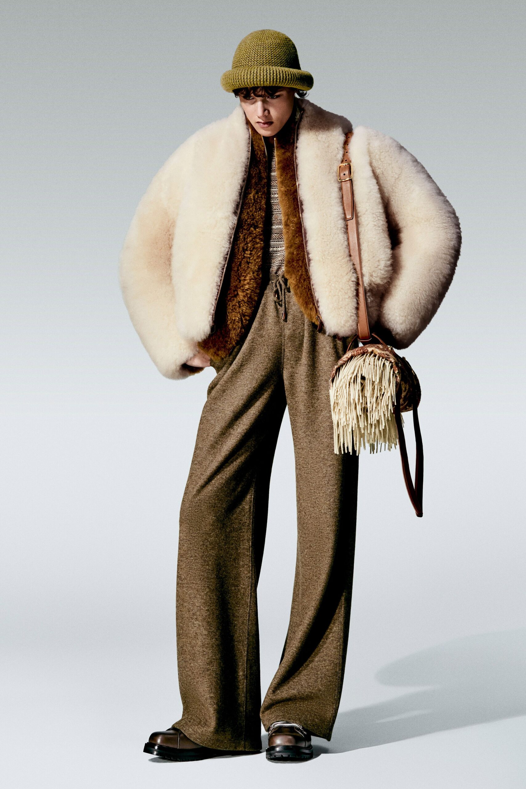 beige fur oversized coat
