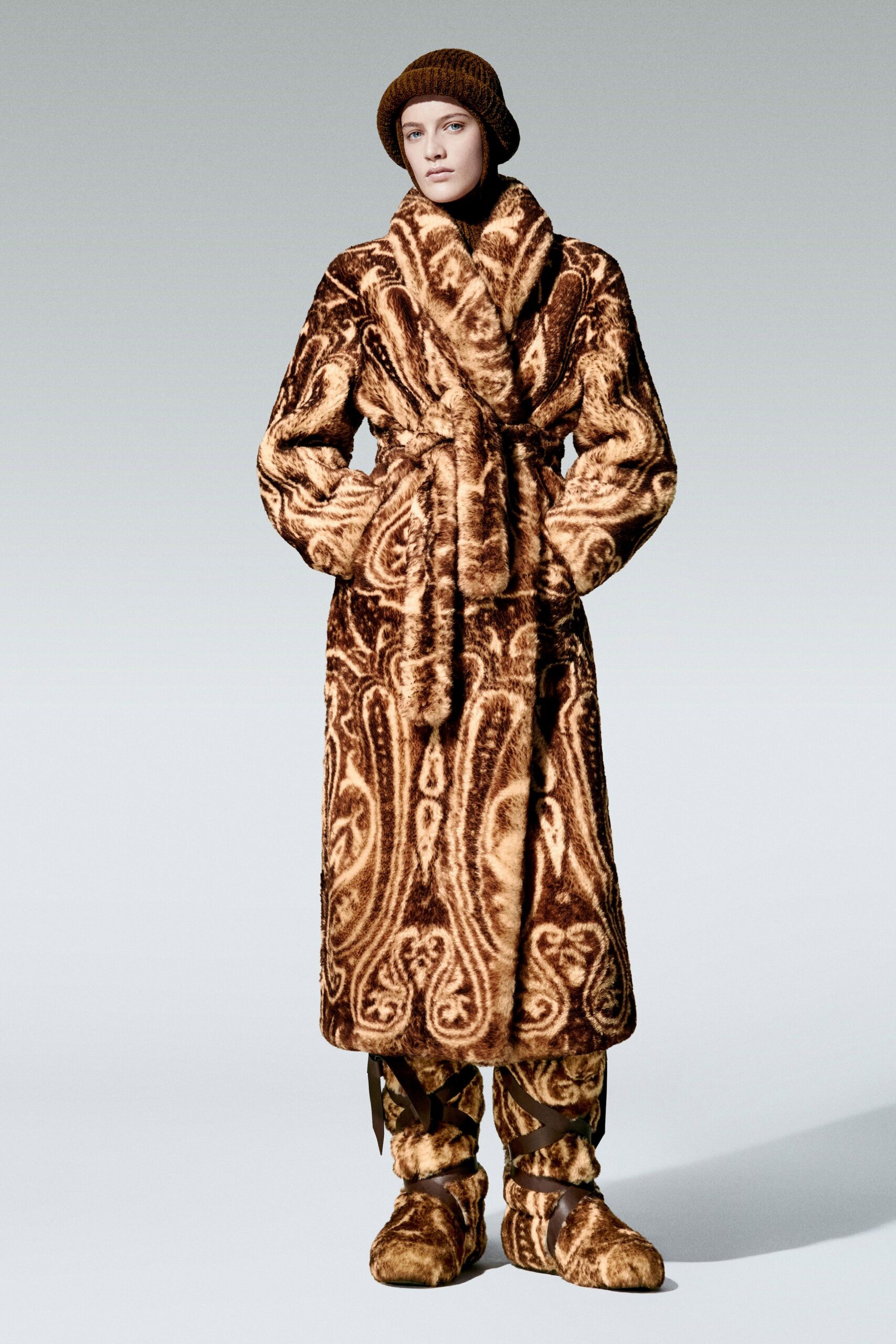 brown faux-fur long-sleeve collared relaxed floral belted coat
