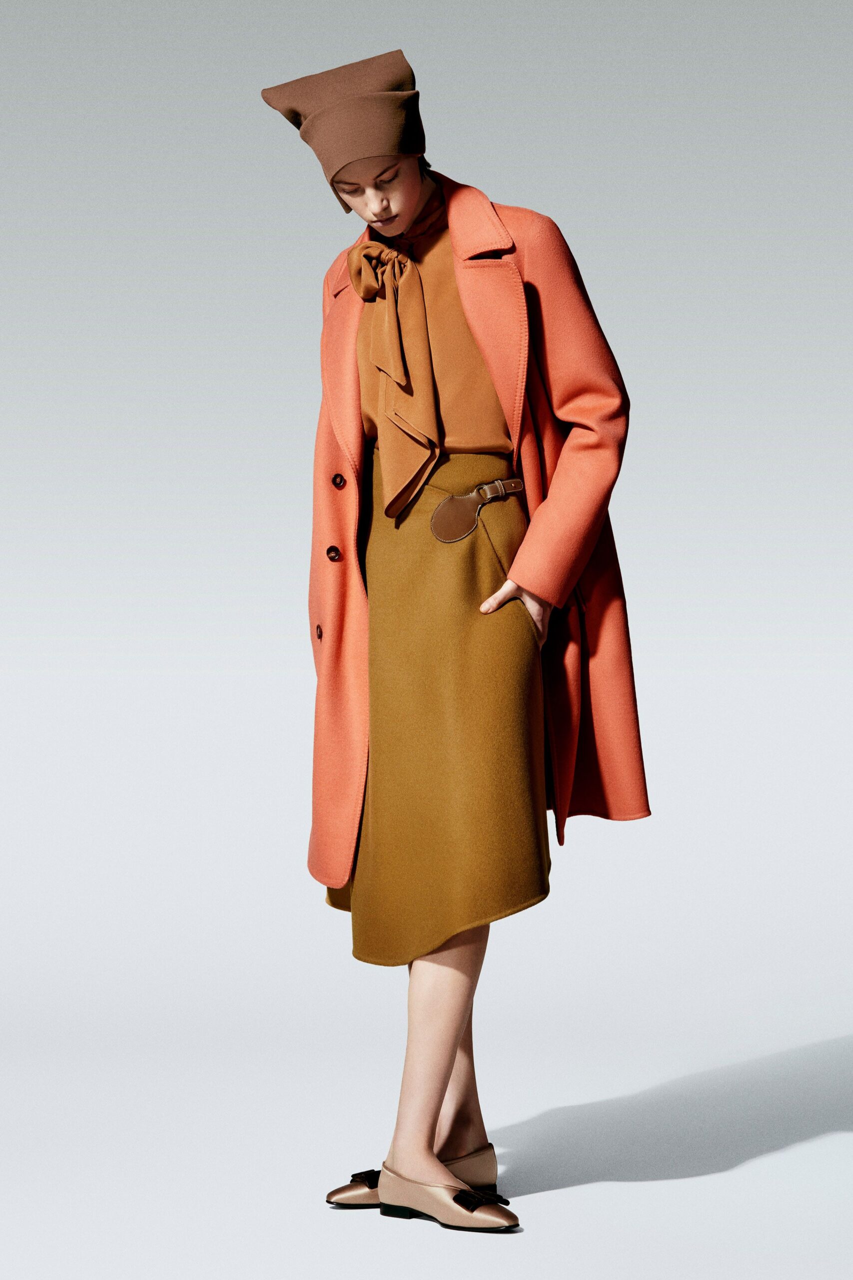 brown cotton long-sleeve collared fitted belted top