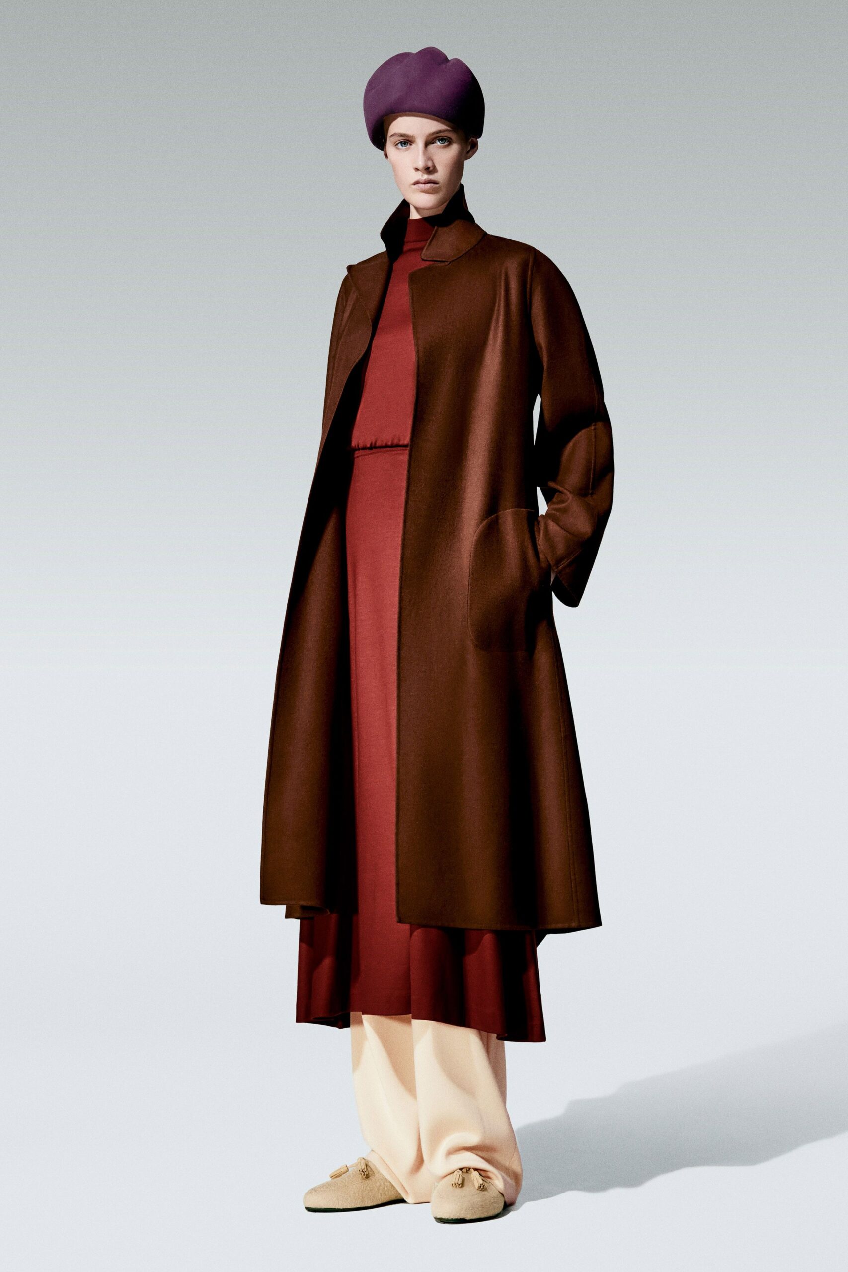 red wool long-sleeve high-neck fitted midi dress