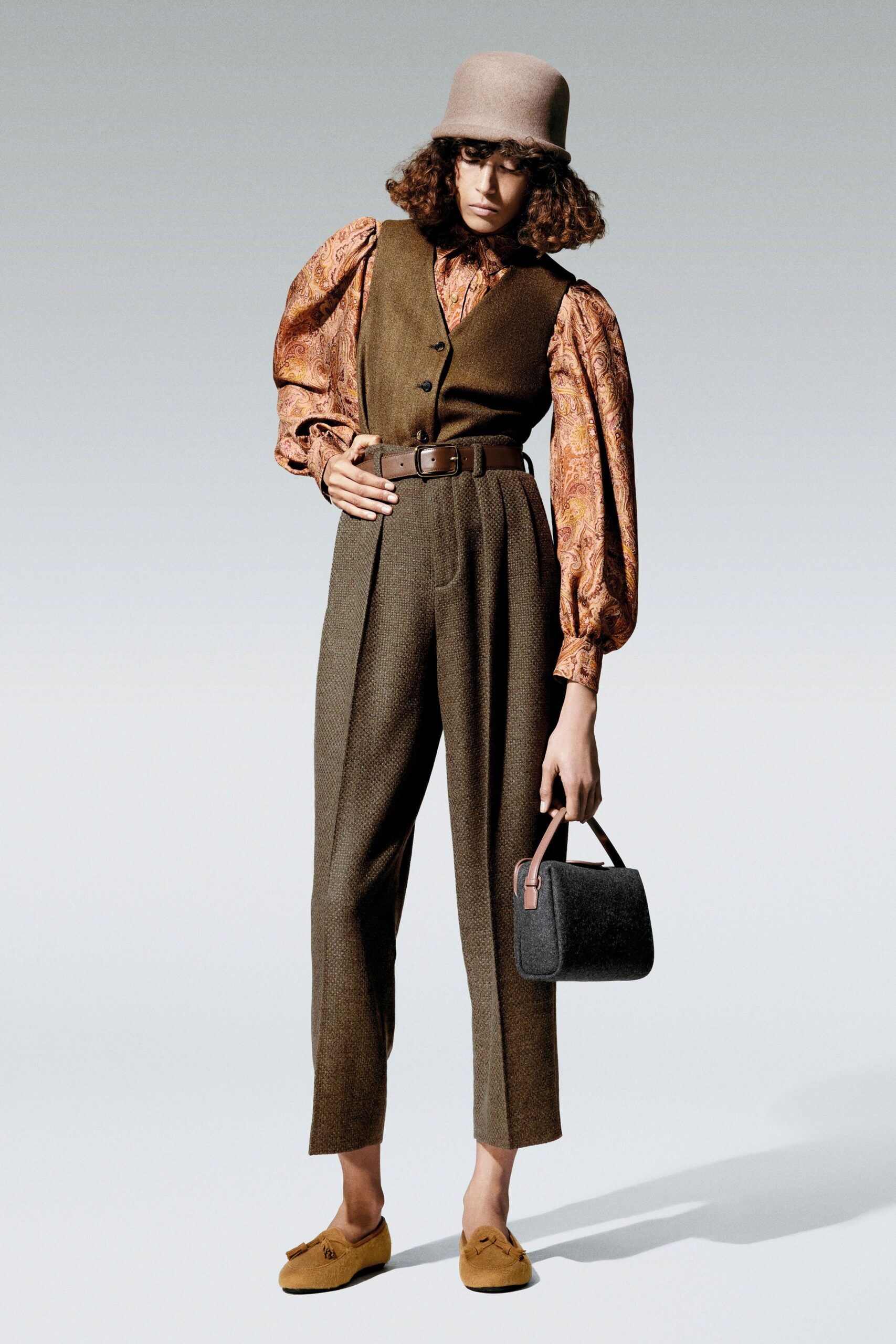 brown wool vest with printed shirt
