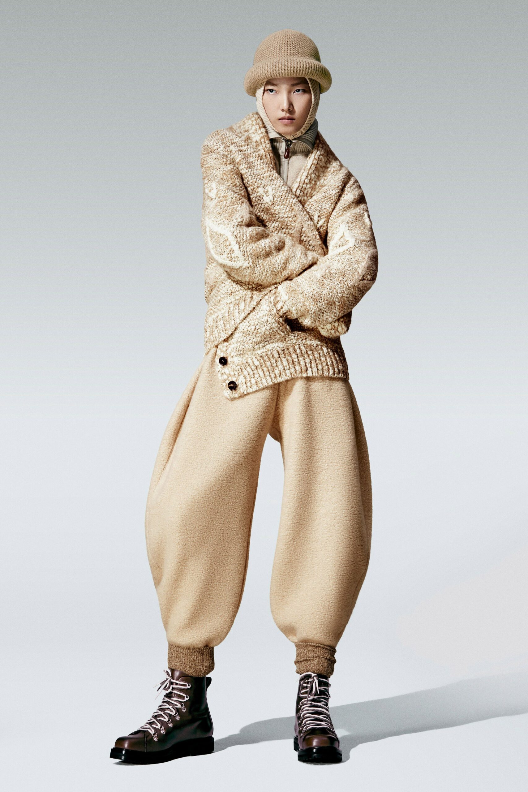 beige wool long-sleeve collared relaxed textured sweater