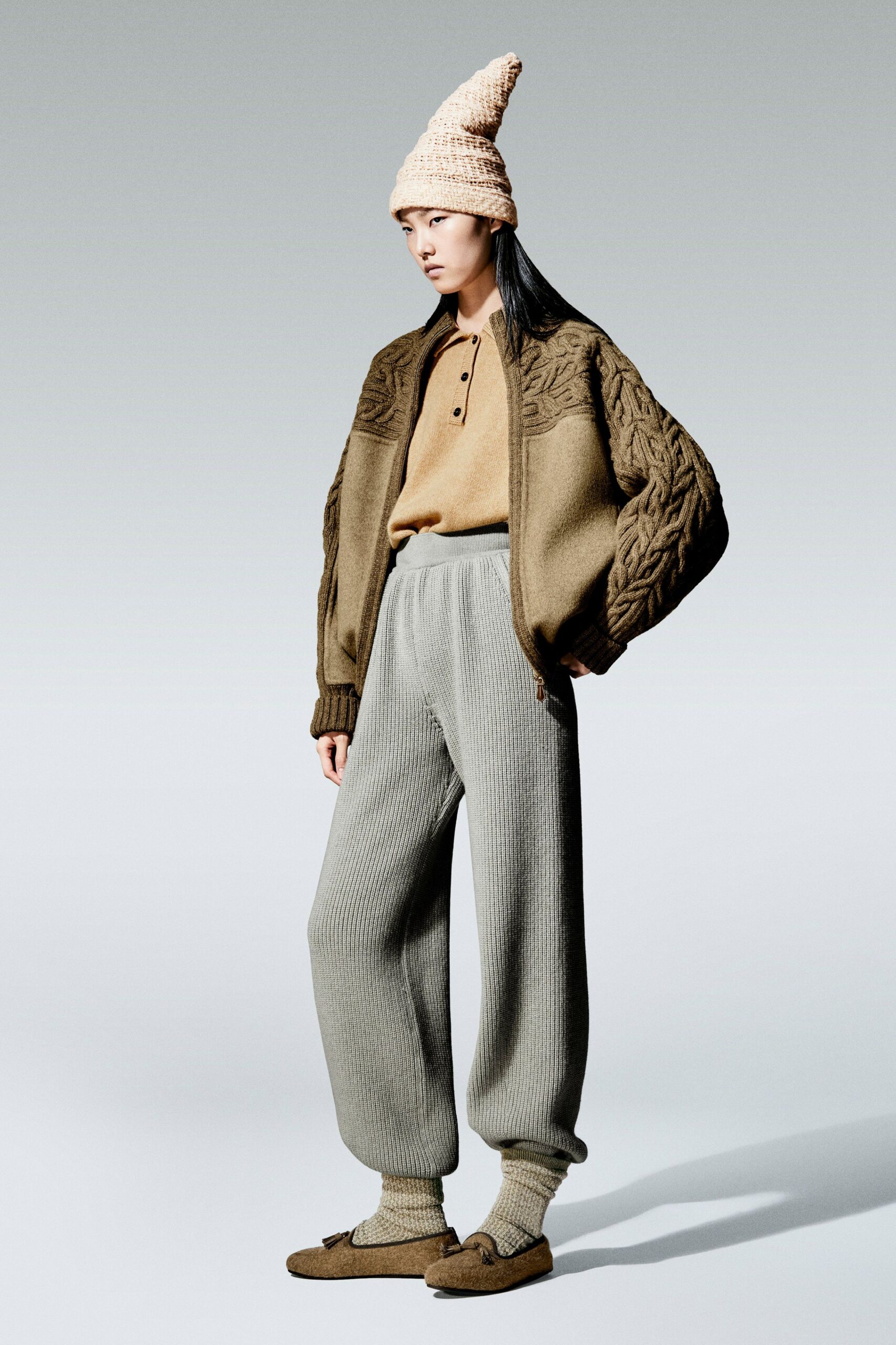 brown wool long-sleeve collared relaxed embroidered jacket