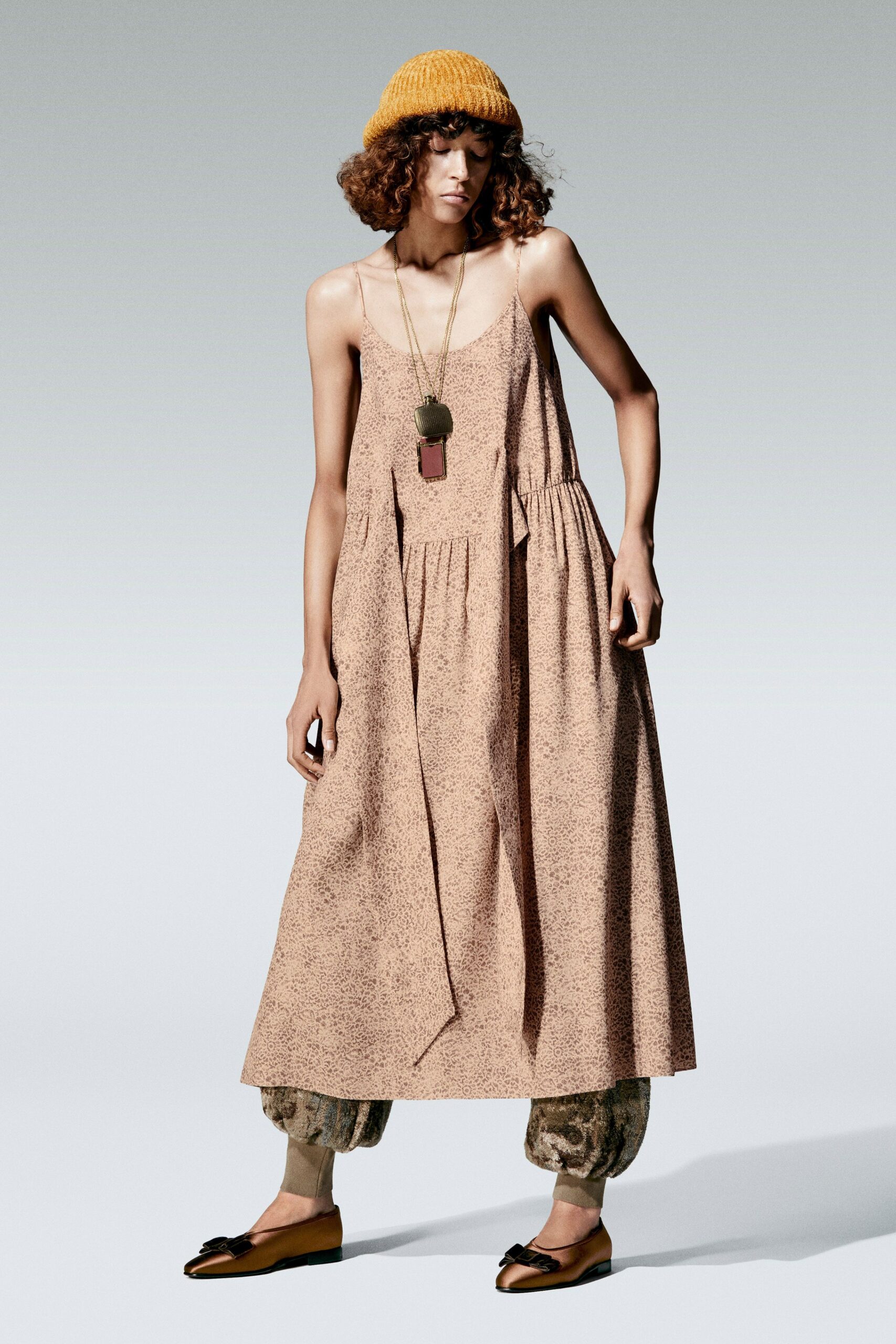 pink cotton sleeveless v-neck relaxed draped pleated dress