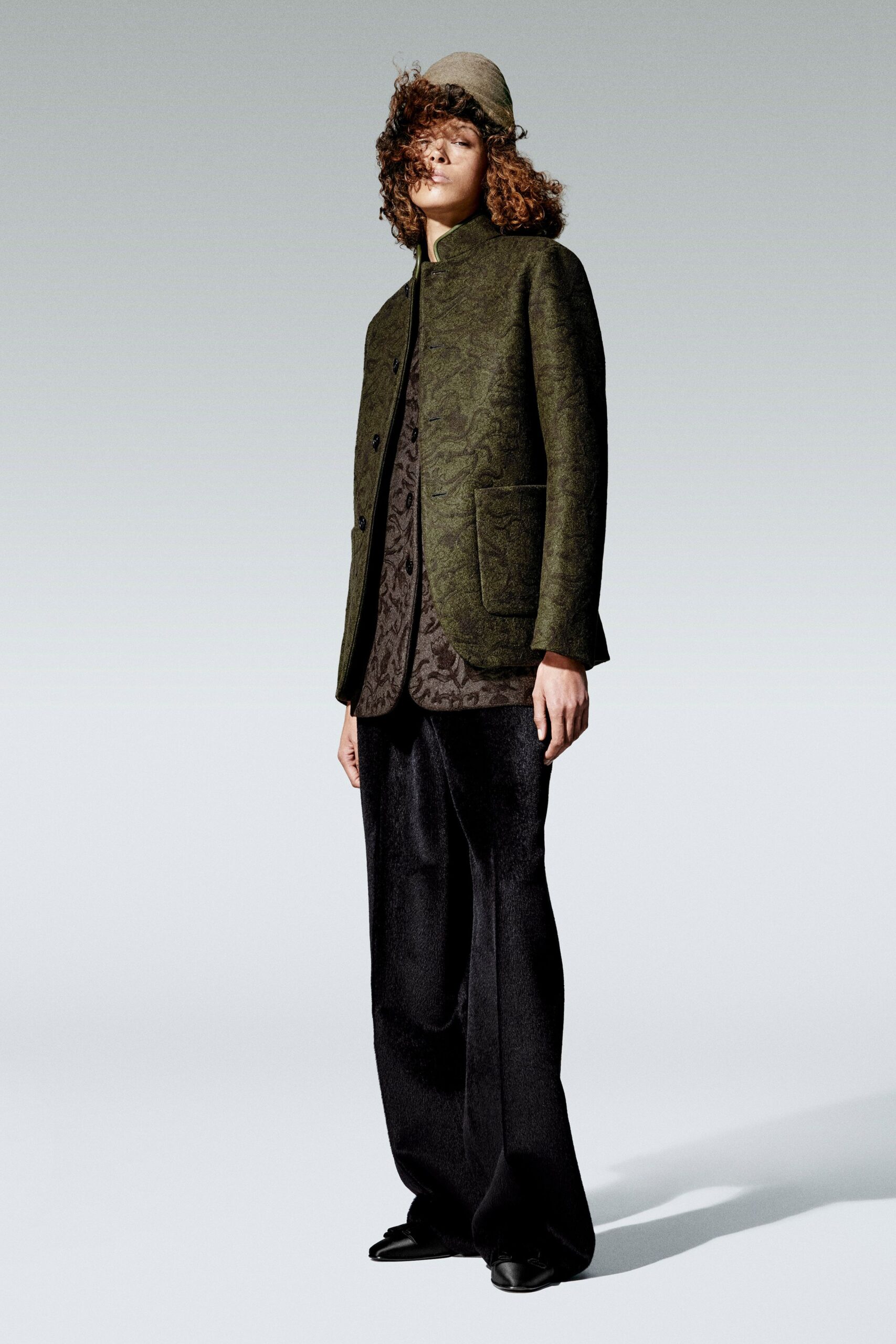 brown cotton long-sleeve collared relaxed printed shirt