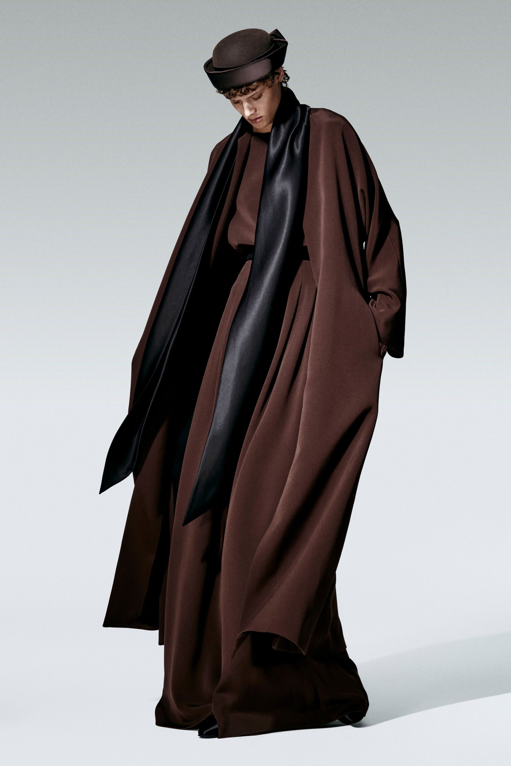 brown wool long-sleeve relaxed draped maxi cape