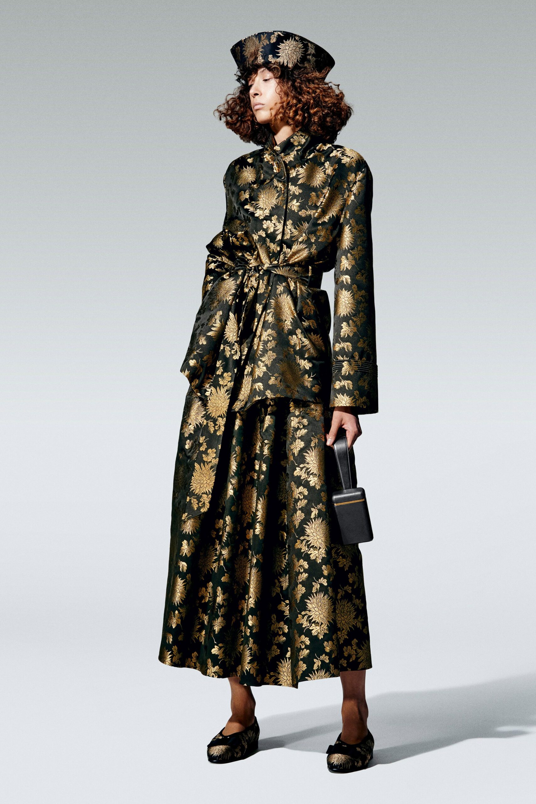 black silk long-sleeve collared fitted embroidered belted coat