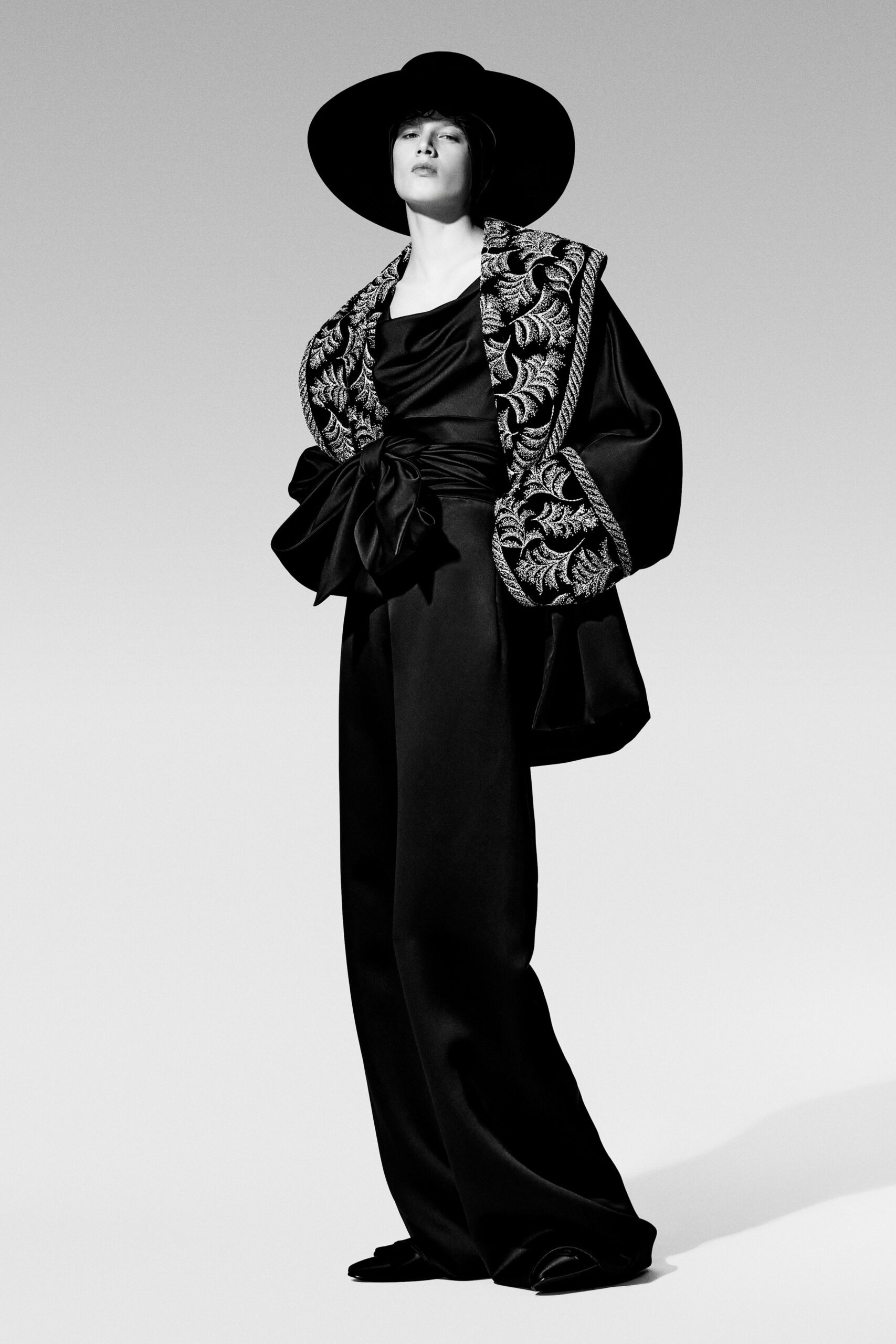 black silk gown with cape