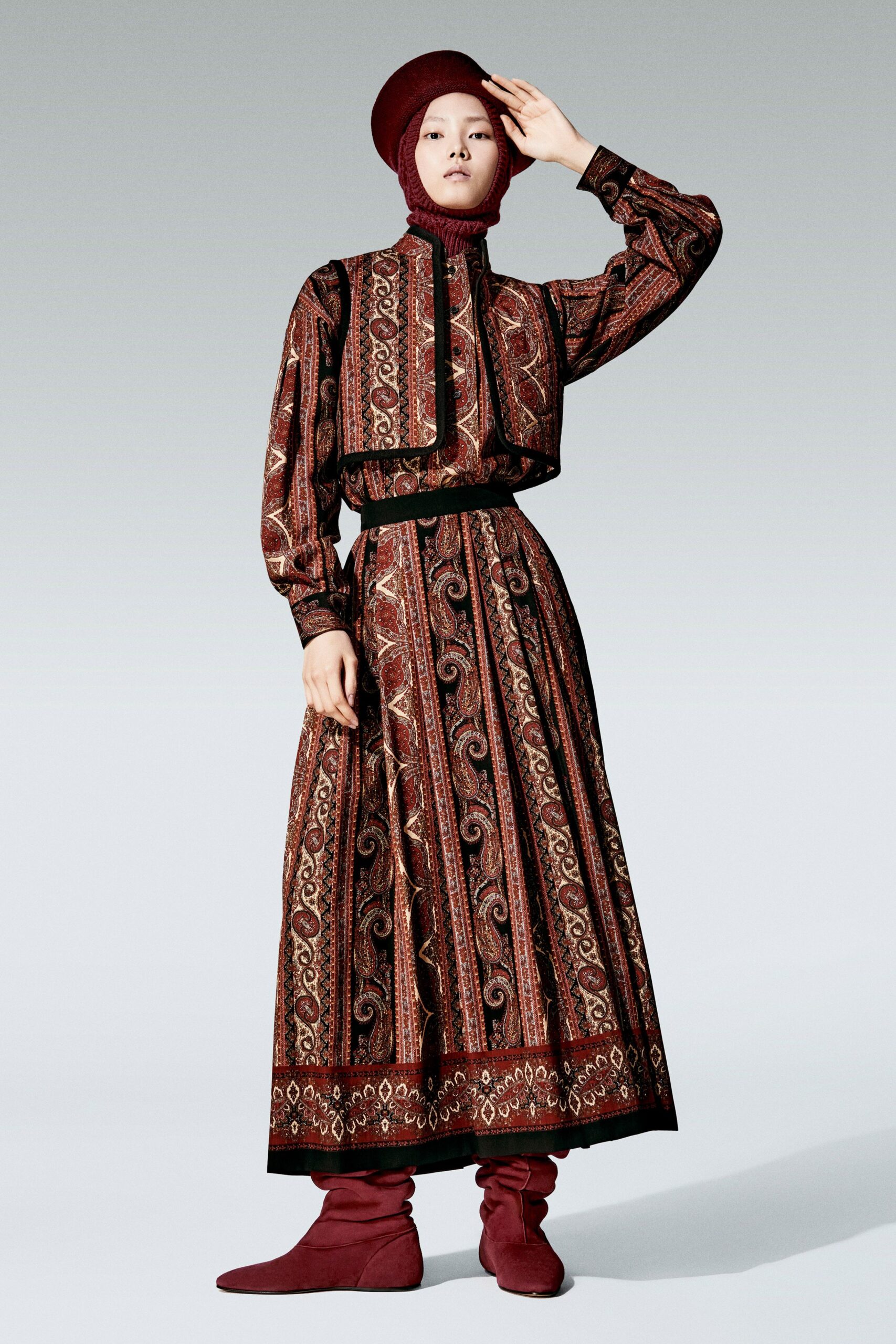 red silk long-sleeve collared fitted printed pleated dress