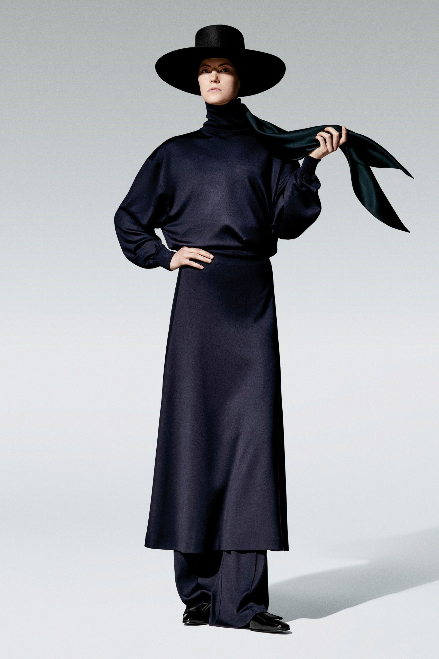 black silk long-sleeve turtleneck relaxed draped maxi dress