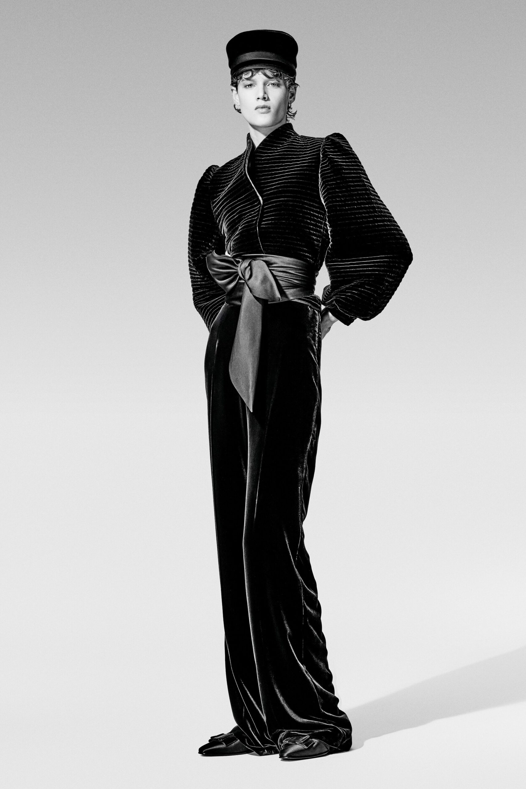 black velvet long-sleeve collared fitted padded belted jacket