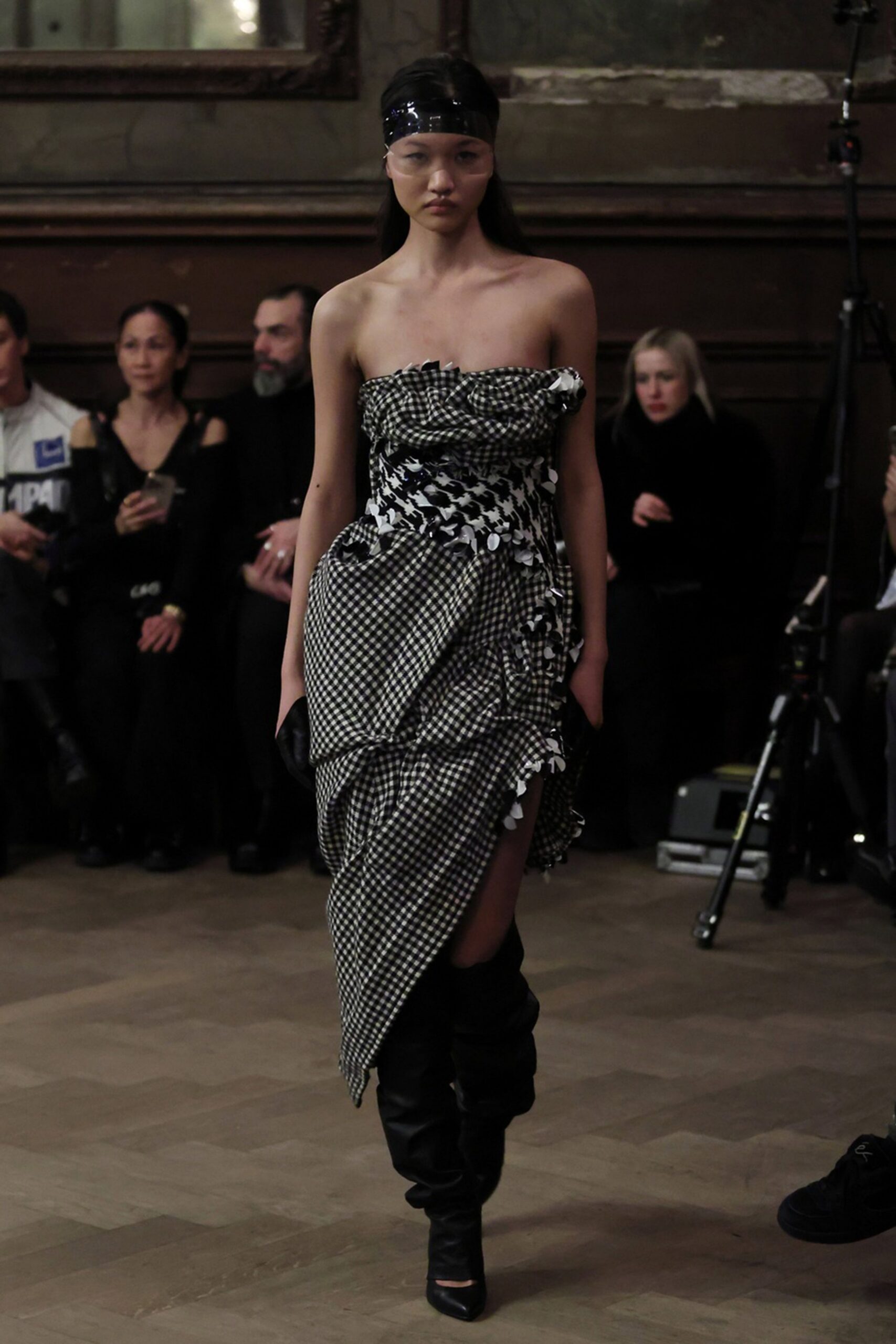 black cotton strapless slit fitted ruffled printed dress