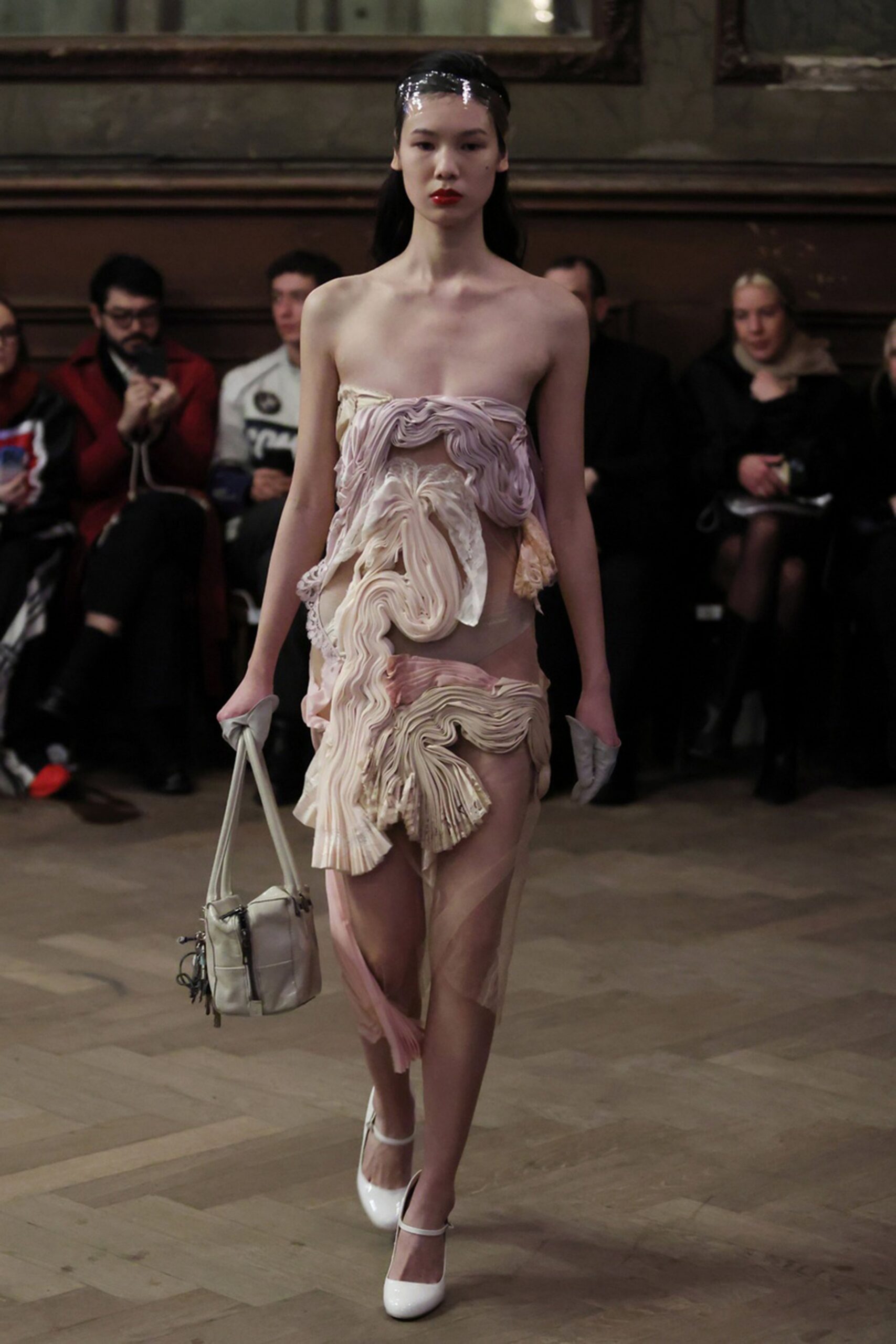 pink silk strapless fitted ruffled layered sheer dress