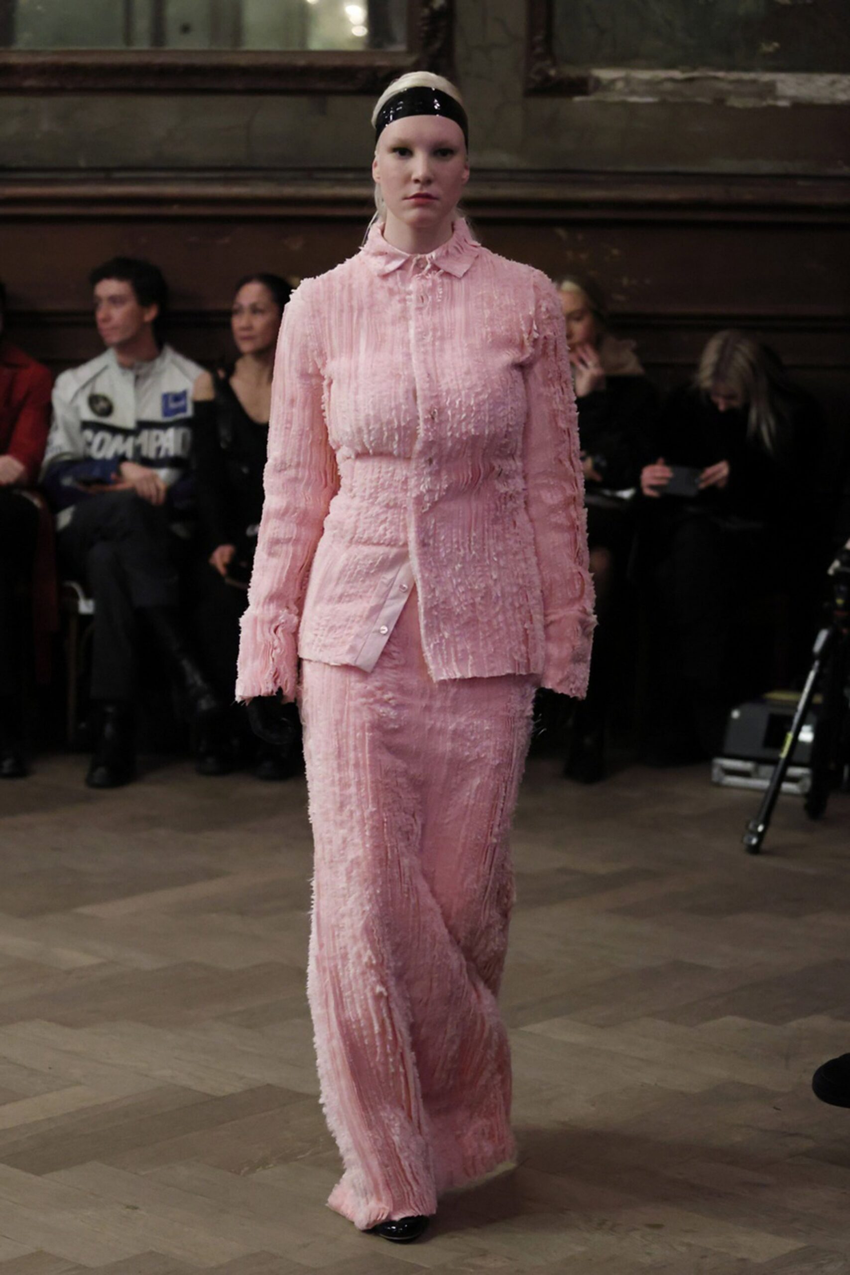 pink silk long-sleeve collared fitted pleated top