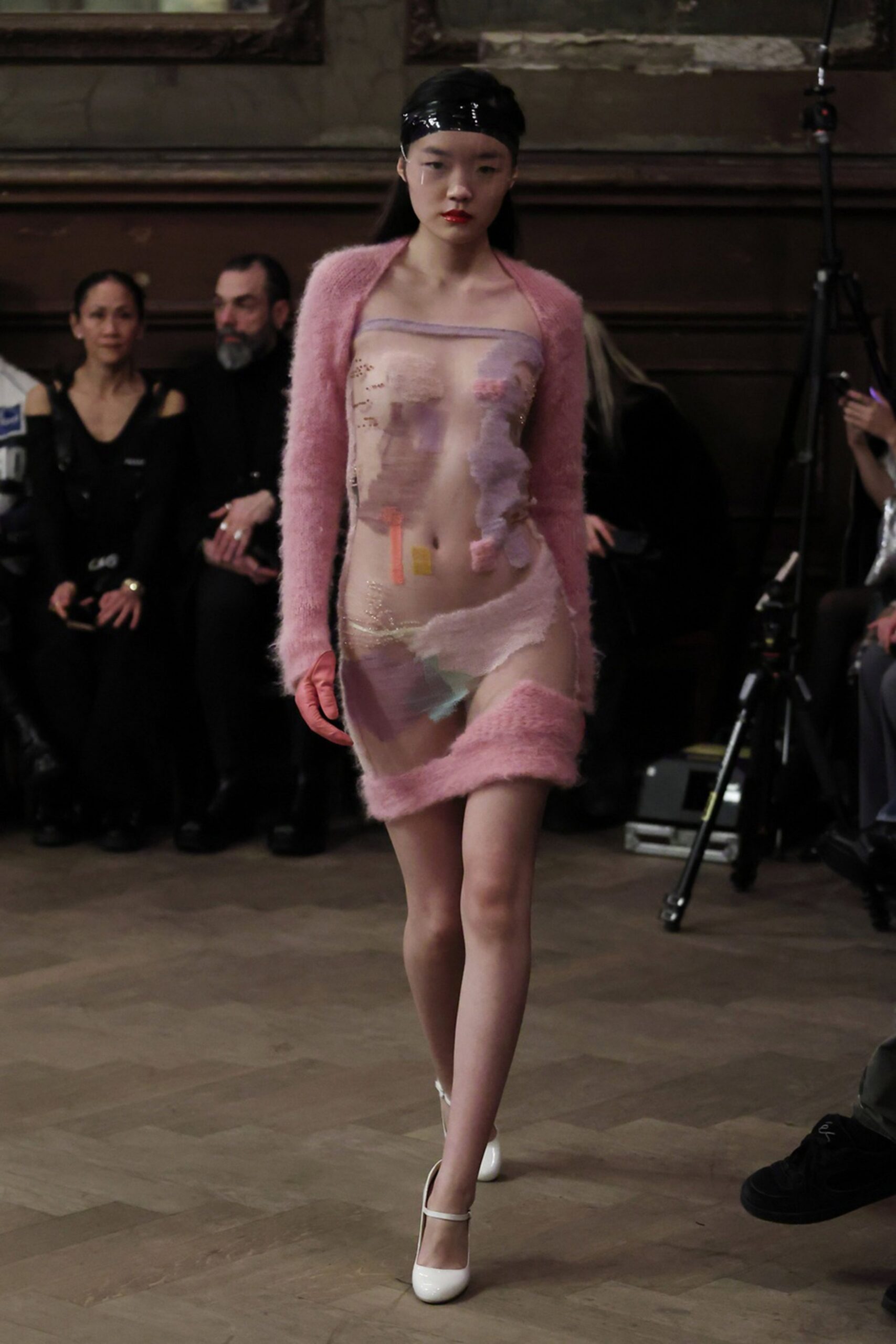pink silk sleeveless v-neck fitted draped dress