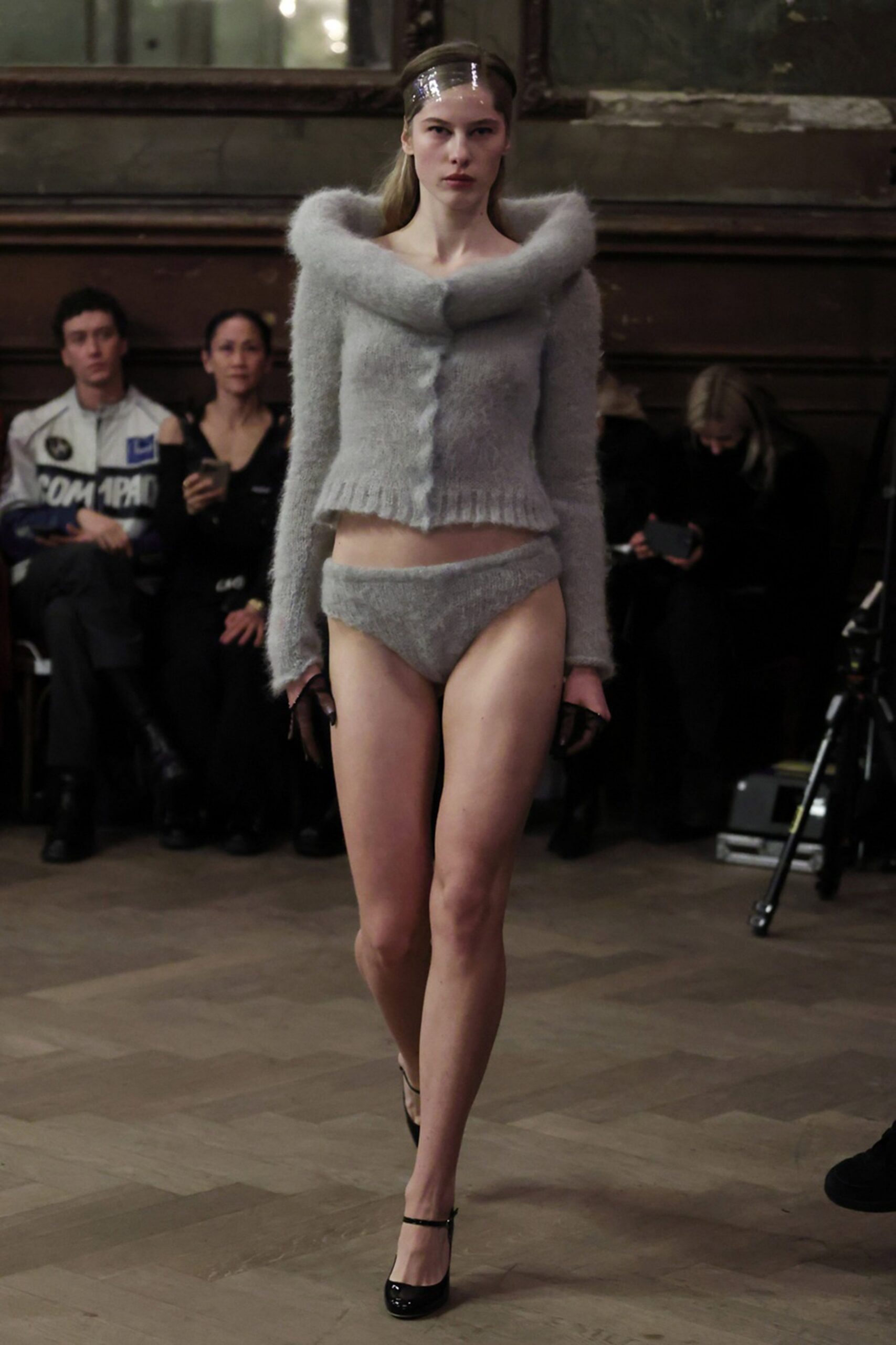 gray wool long-sleeve collared fitted ruffled cardigan