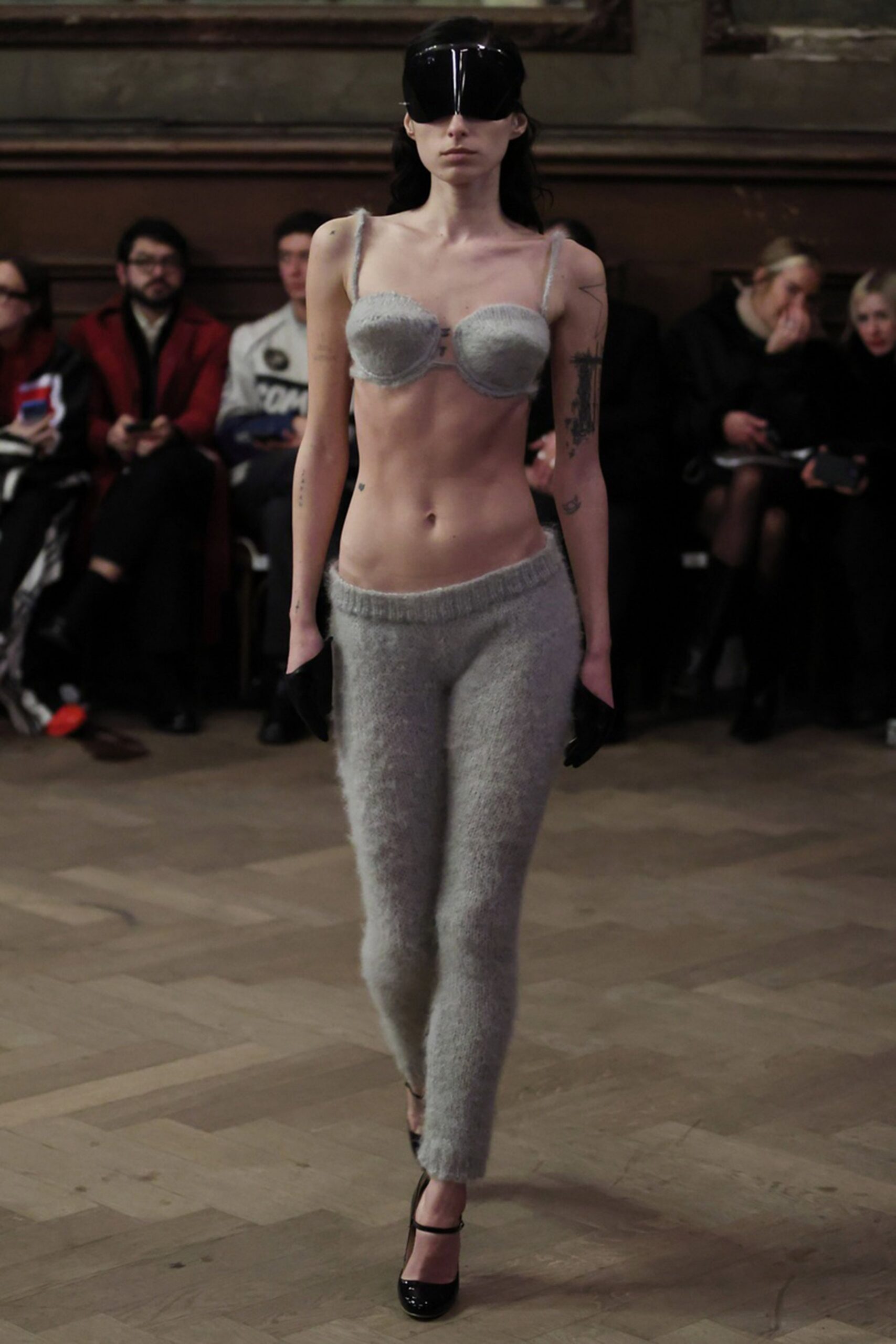 gray wool bustier and pants