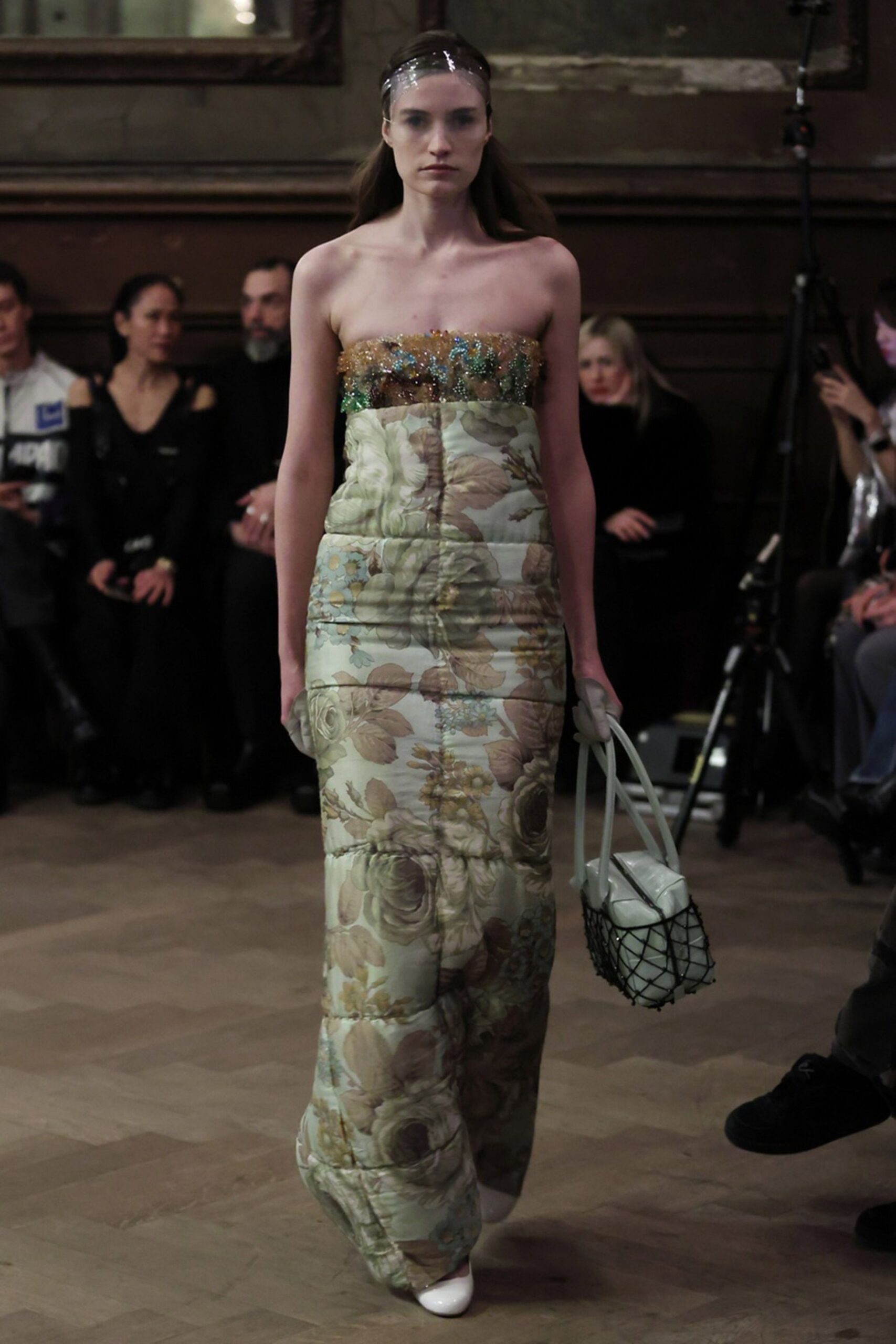 multi silk strapless fitted floral quilted maxi gown