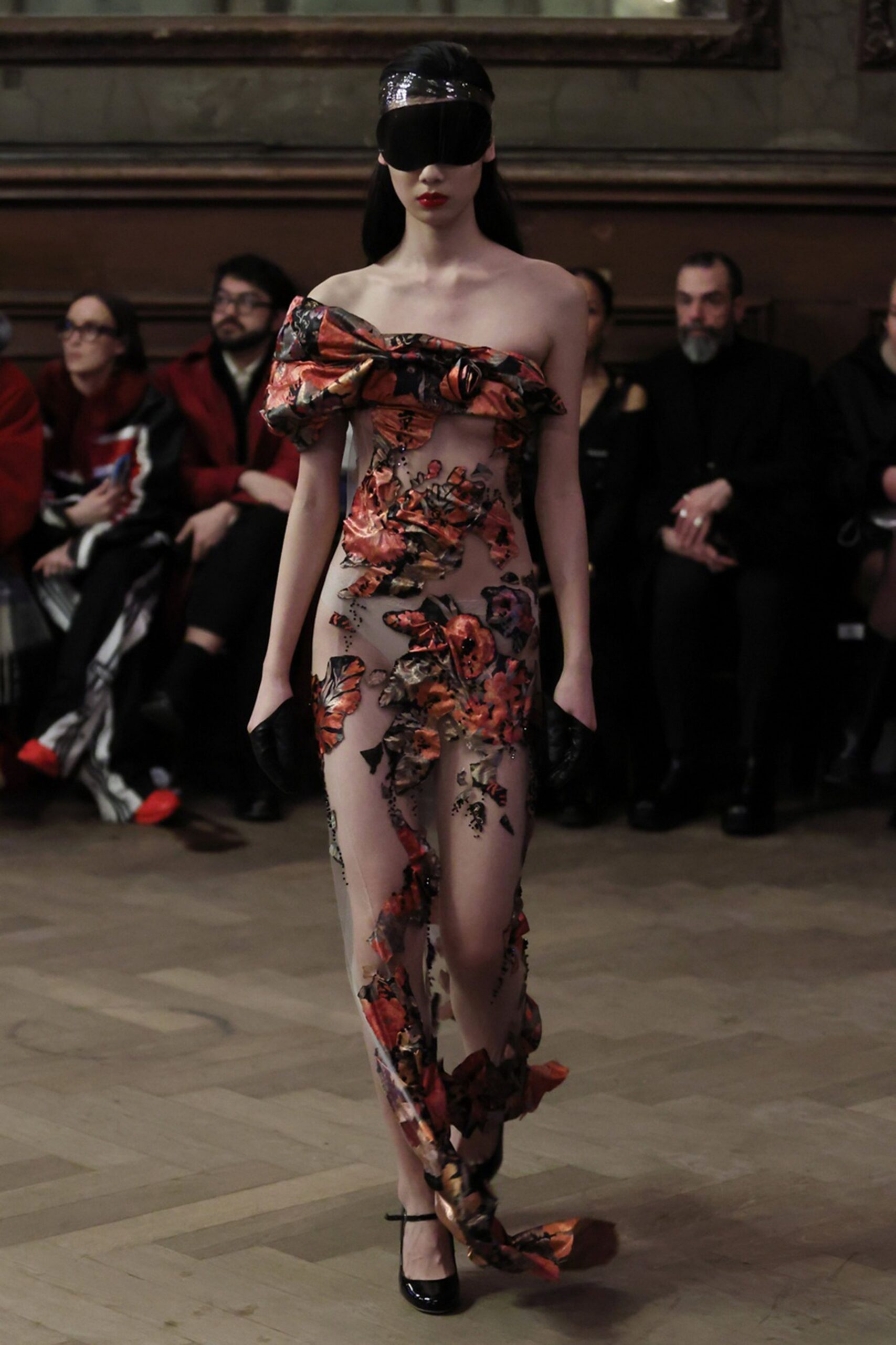 black silk strapless fitted floral sheer flowing gown
