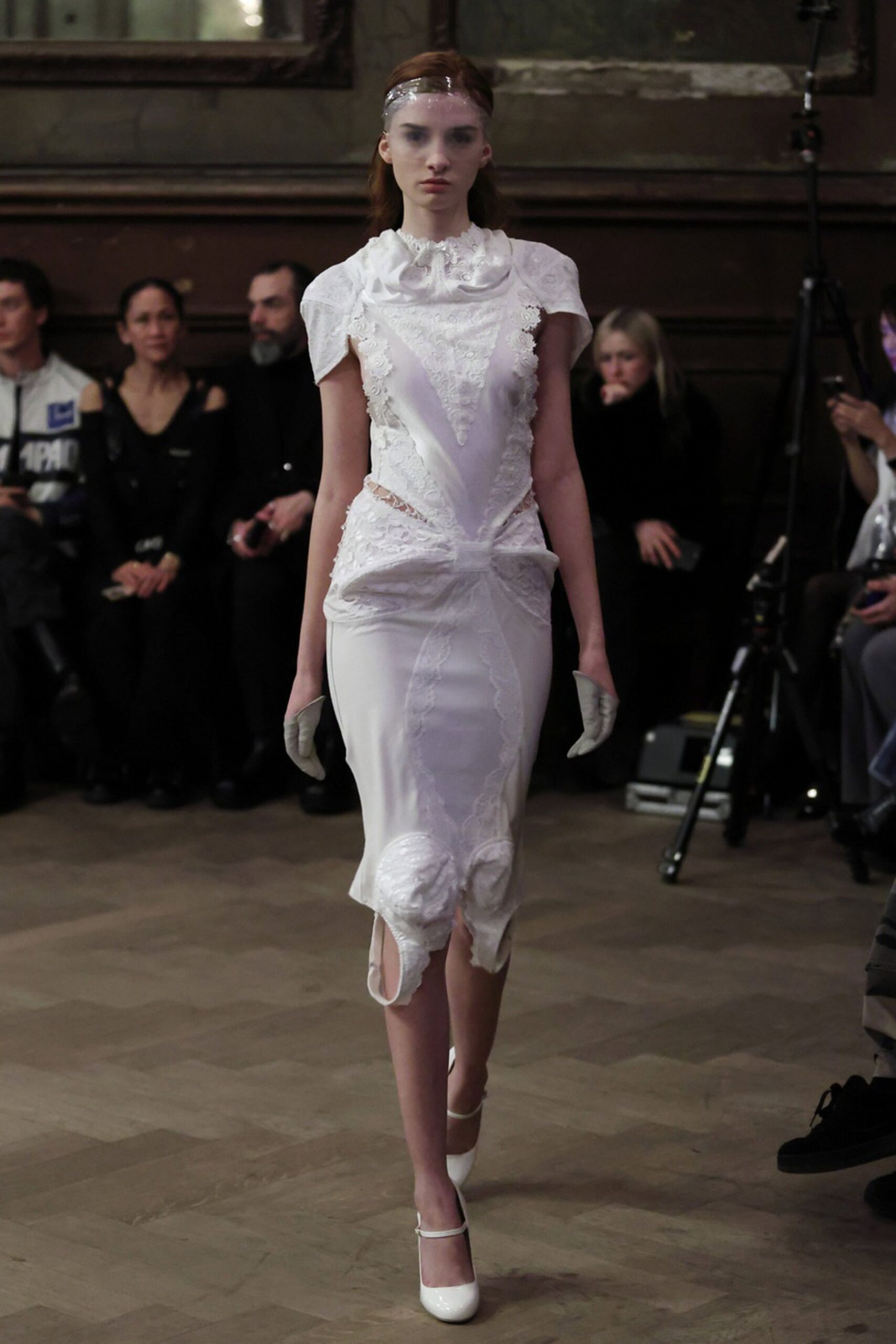 white silk sleeveless high-neck fitted ruched embroidered dress