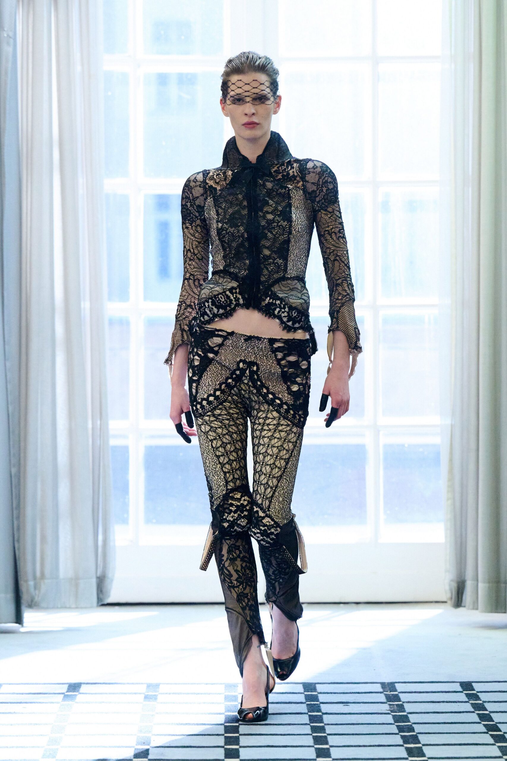 black lace long-sleeve collared fitted embroidered sheer top