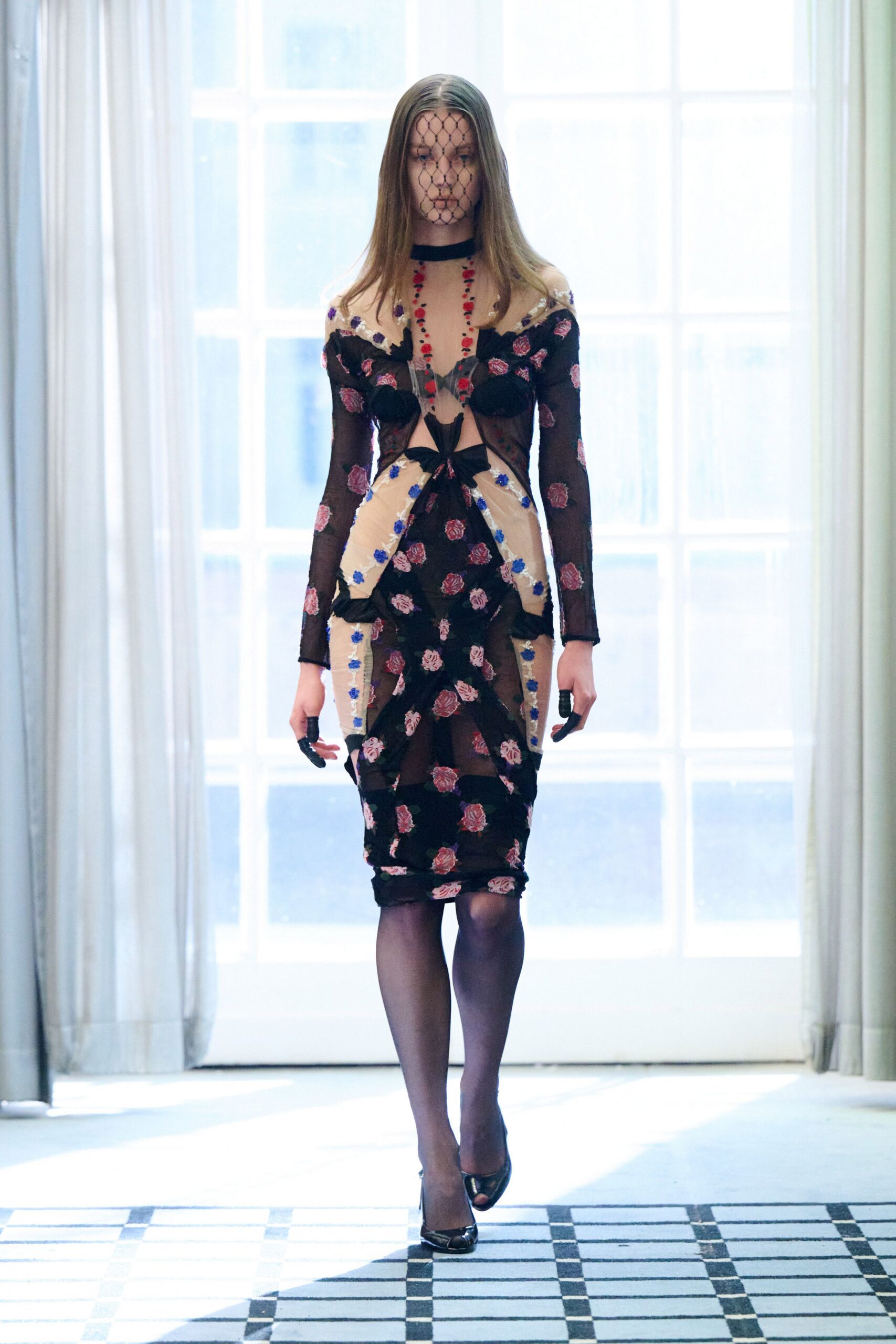 black mesh long-sleeve v-neck fitted embroidered ruched dress