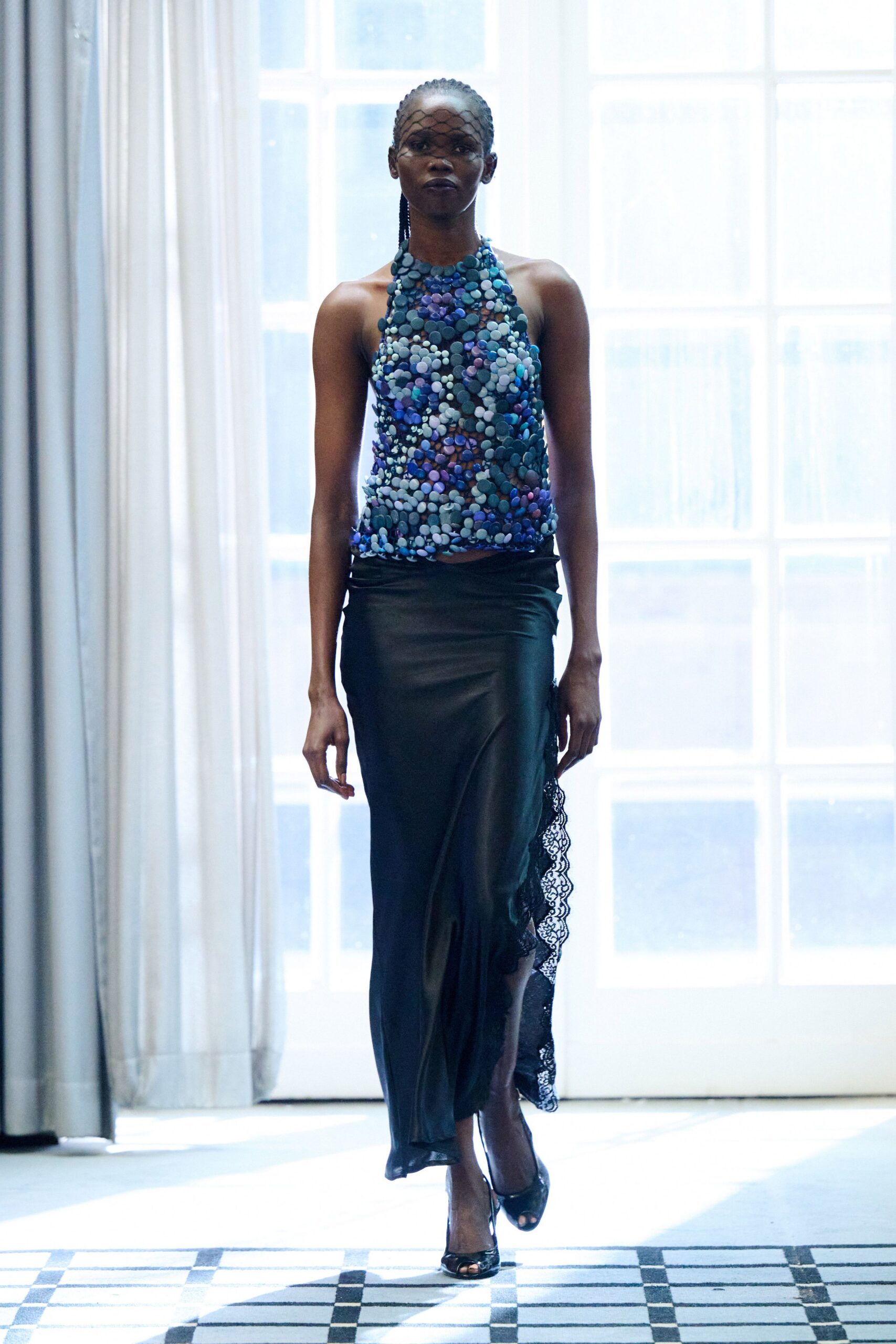 blue silk sleeveless high-neck fitted sequined shiny top