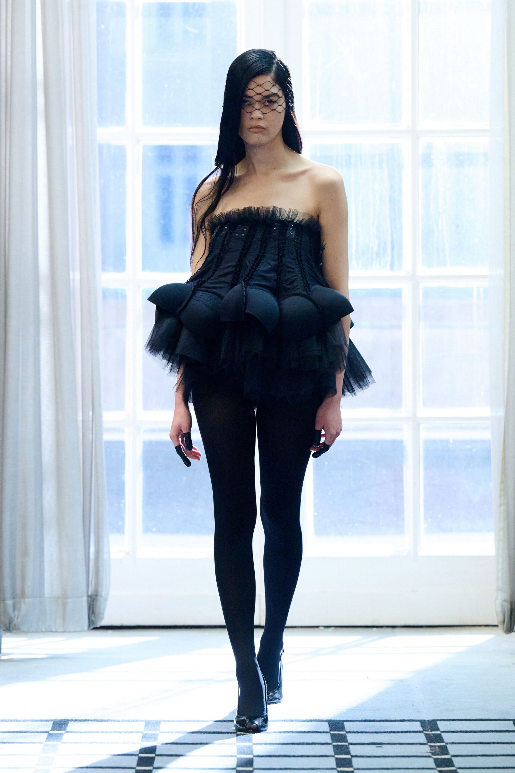 black tulle strapless fitted ruffled layered mini dress