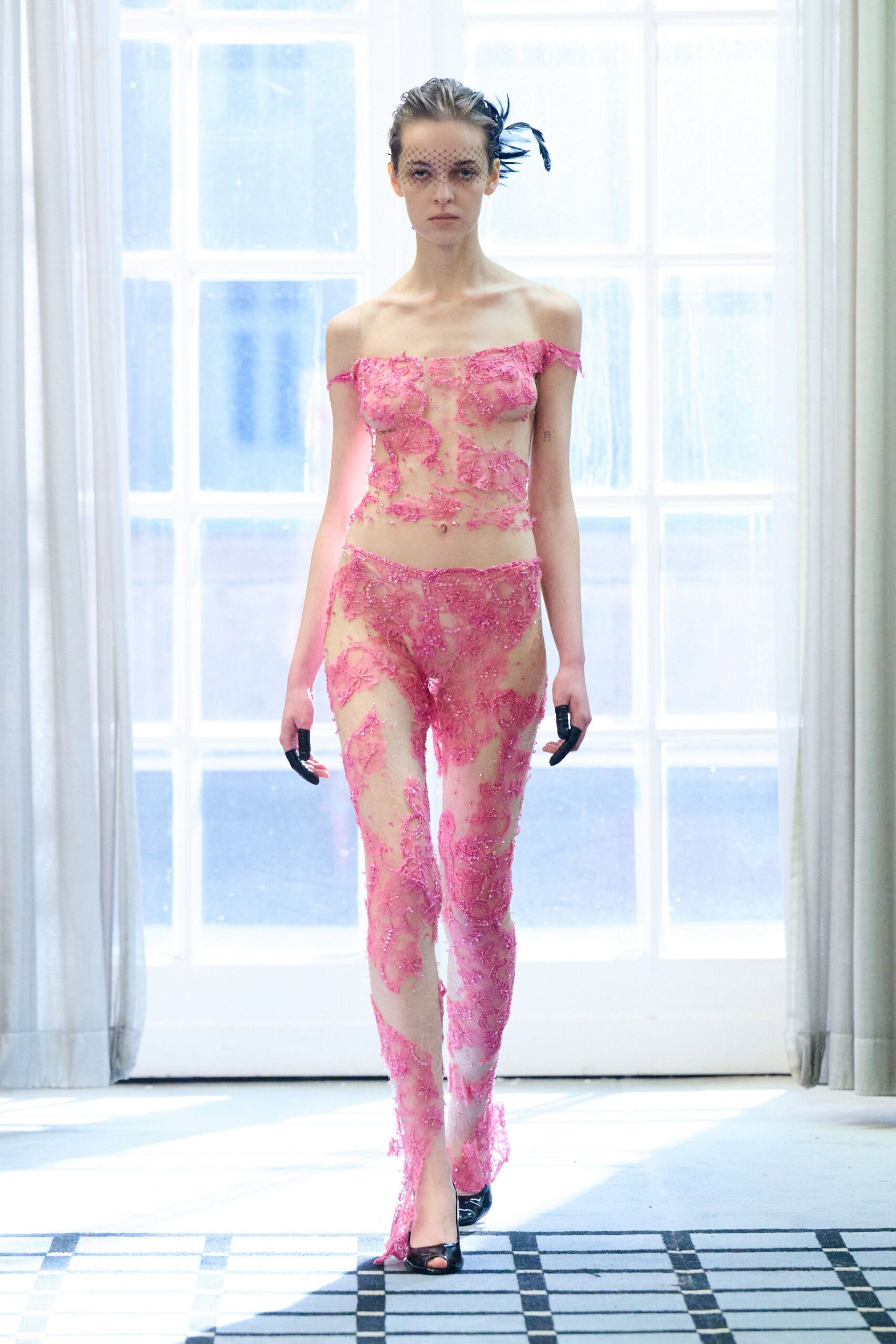 pink lace fitted high-waisted embroidered sheer pants