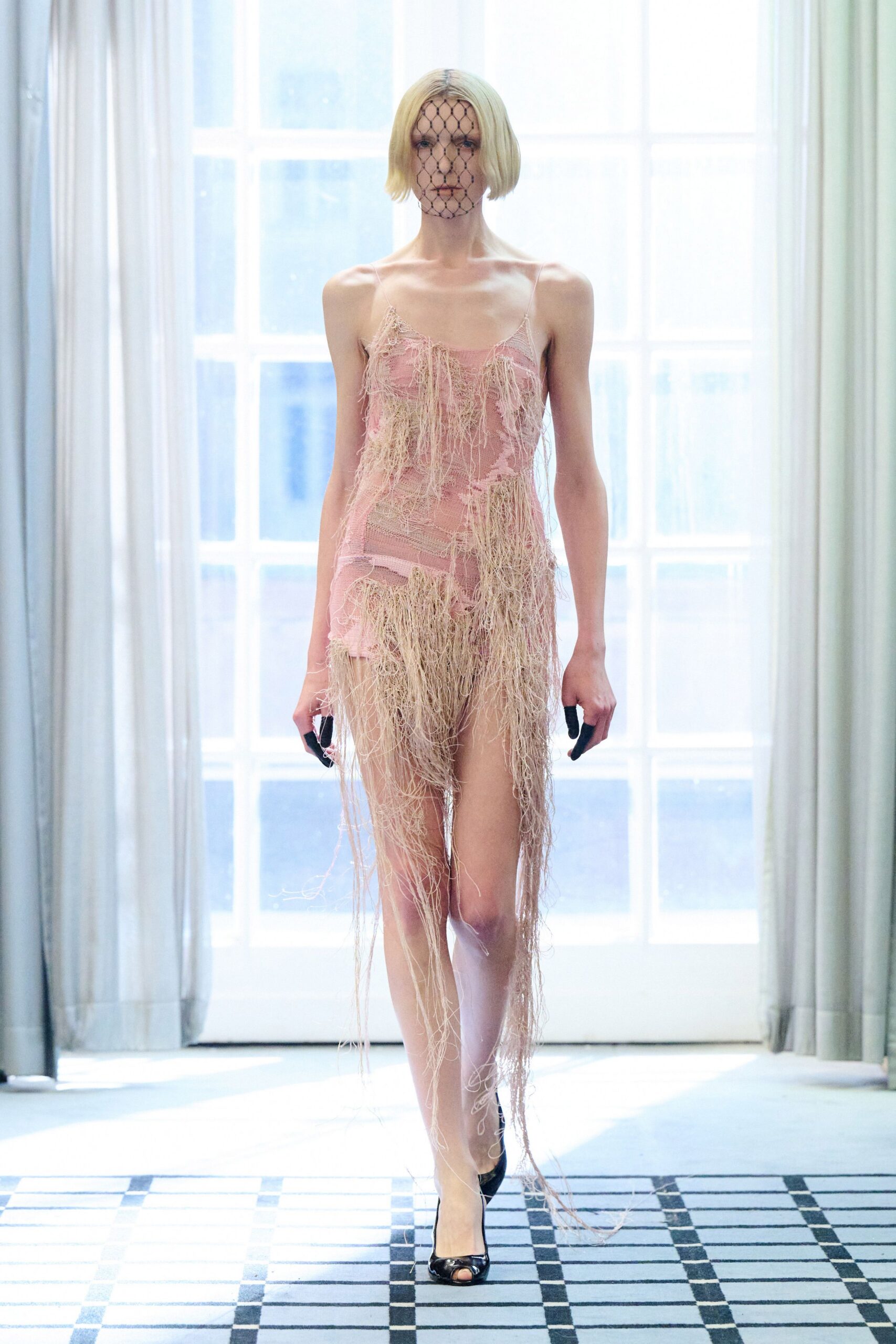 pink silk sleeveless v-neck fitted fringed layered dress