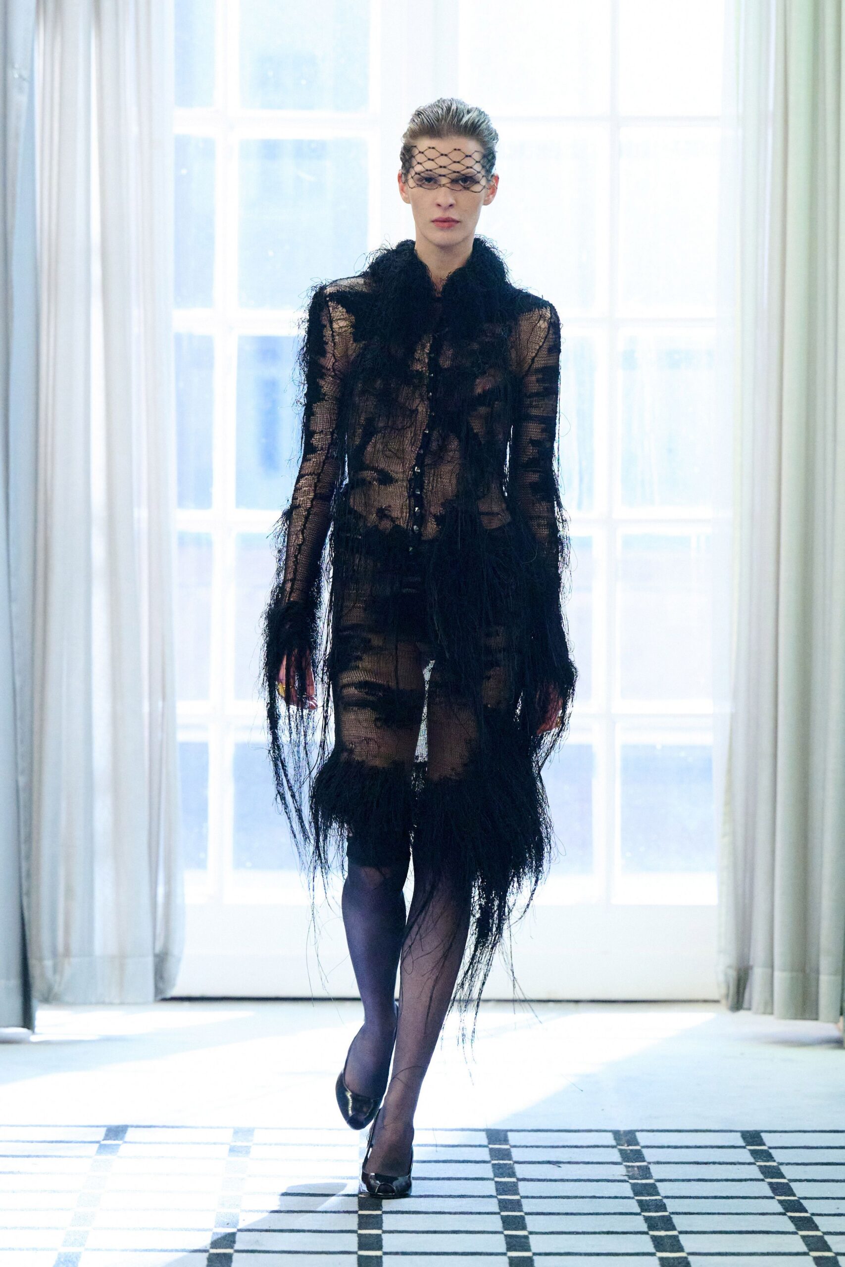 black silk long-sleeve collared fitted fringed sheer dress