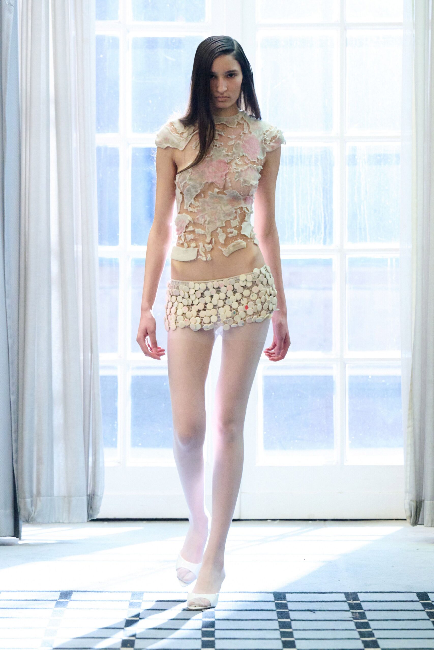 beige lace sleeveless high-neck fitted floral embroidered top